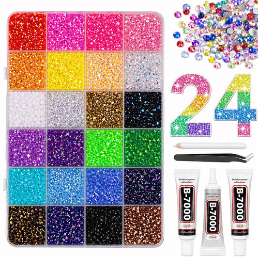 32000Pcs 24 Colors Jelly Rhinestones for Bedazzling,Mix Colors Bedazzling Kit with Rhinestones,3MM SS10 Colorful Resin Flatback Gems with B7000 Jewelry Glue for Crafting, Nail Art, Shoes, Books
