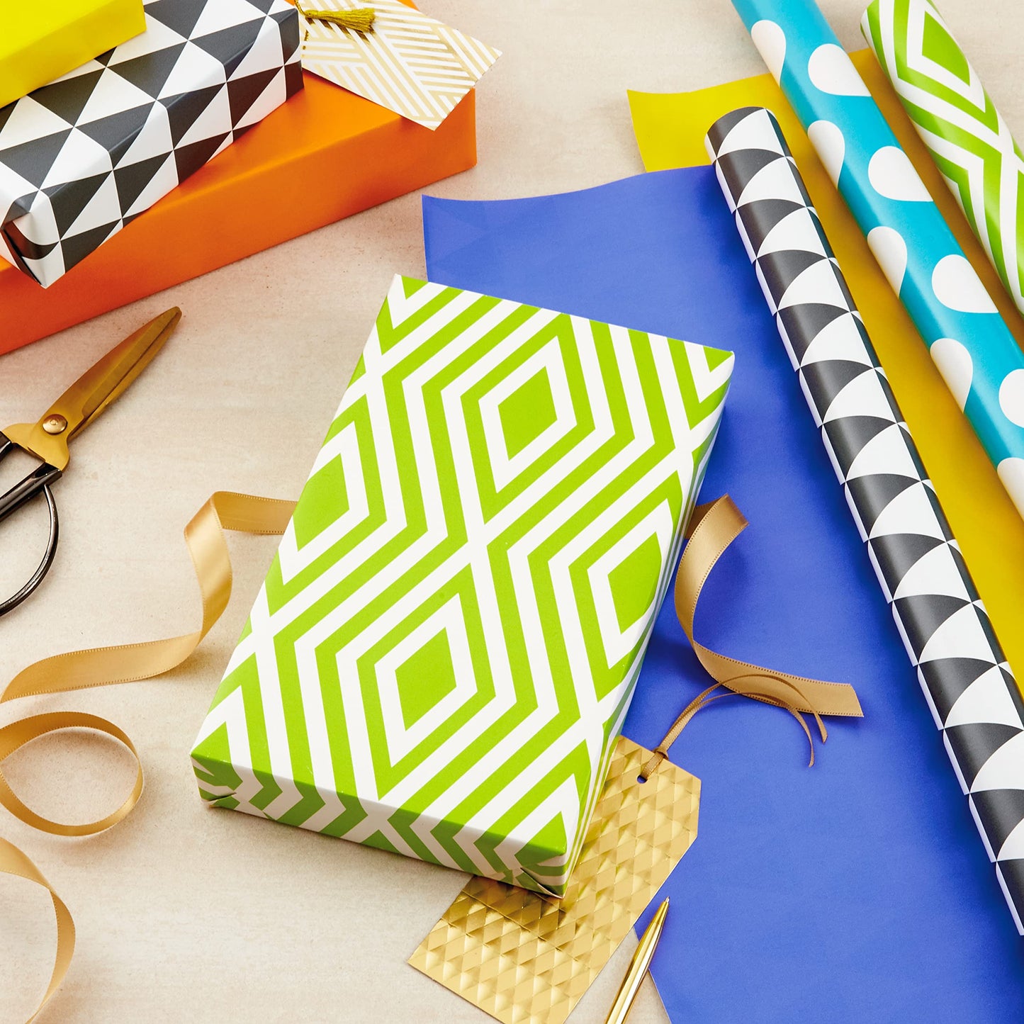 Hallmark Modern Wrapping Paper Rolls for Birthday, Graduation, Christmas, Gift Wrap Paper (Set of 3 Reversible Rolls: 75 sq. ft. ttl.) Black, White, Blue, Orange, Yellow & Green for All Occasions