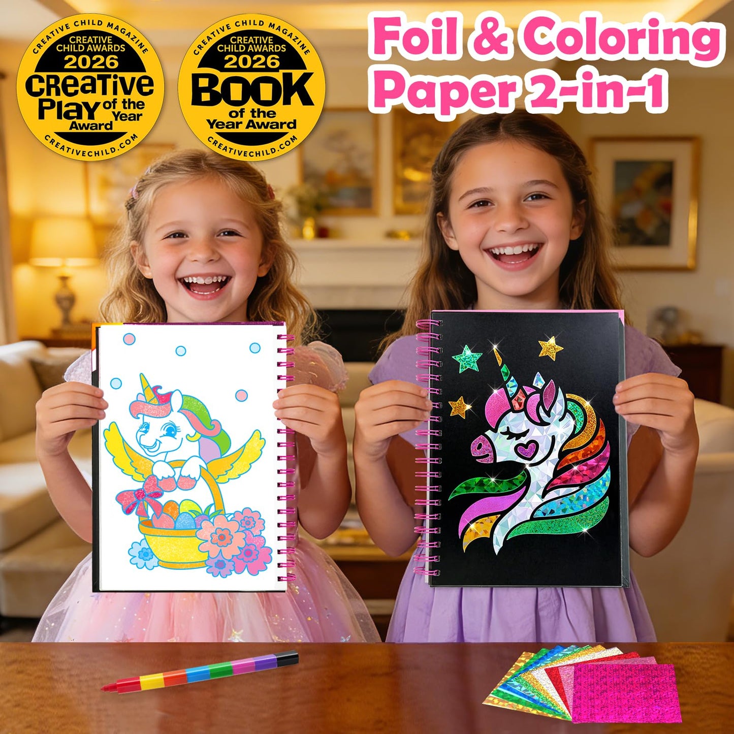 FUNNYB&G Foil Art Craft Kit for Girls 4-10 Years Old: Mess-Free & No-Glue, Create 16 Sparkly Unicorns Pictures – Perfect Travel Toy & Birthday Gift for Kids（Unicorns）