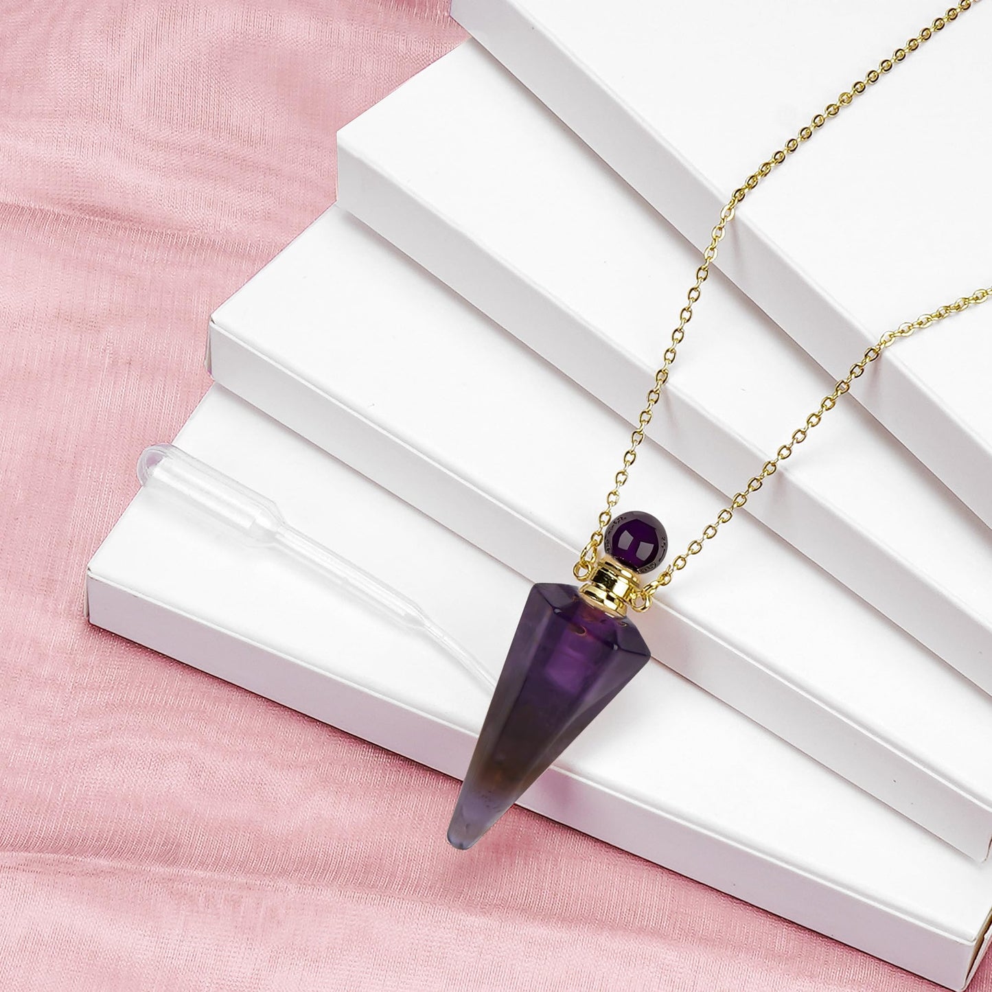Biiange Perfume Bottle Necklace Diamond Shape, Pink Perfume Bottle Necklace, Essential Oil Diffuser Necklace, for Womens Perfume Vial Pendant Necklace Jewelry Unique Gift (Purple)