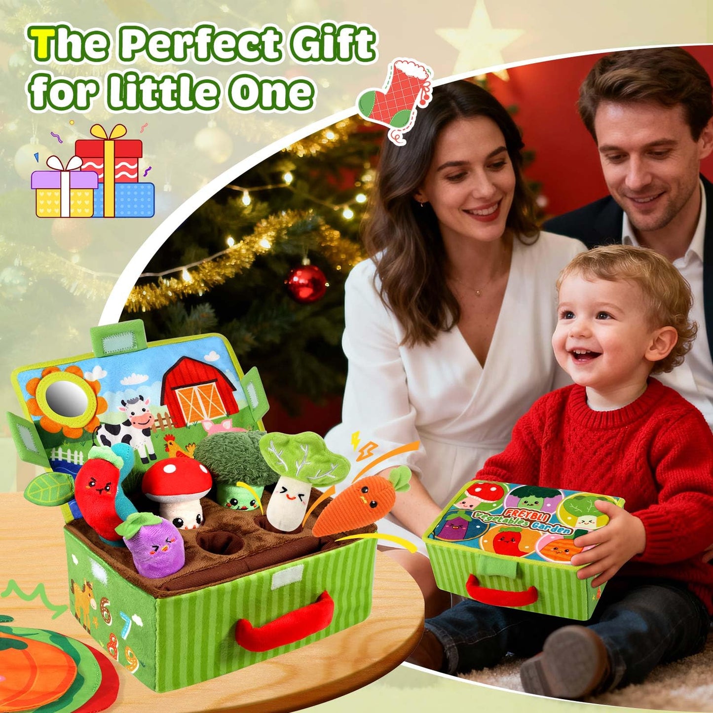 FREYBLI Baby Toys 6-12 Months - Soft Fruits Vegetable Garden Plant Plush Toy - 6 Month Old Baby Toys Boy Girl Gifts - Baby Sensory Montessori Toys with Rattles Mirror Squeaker Textures Crinkle Tissues