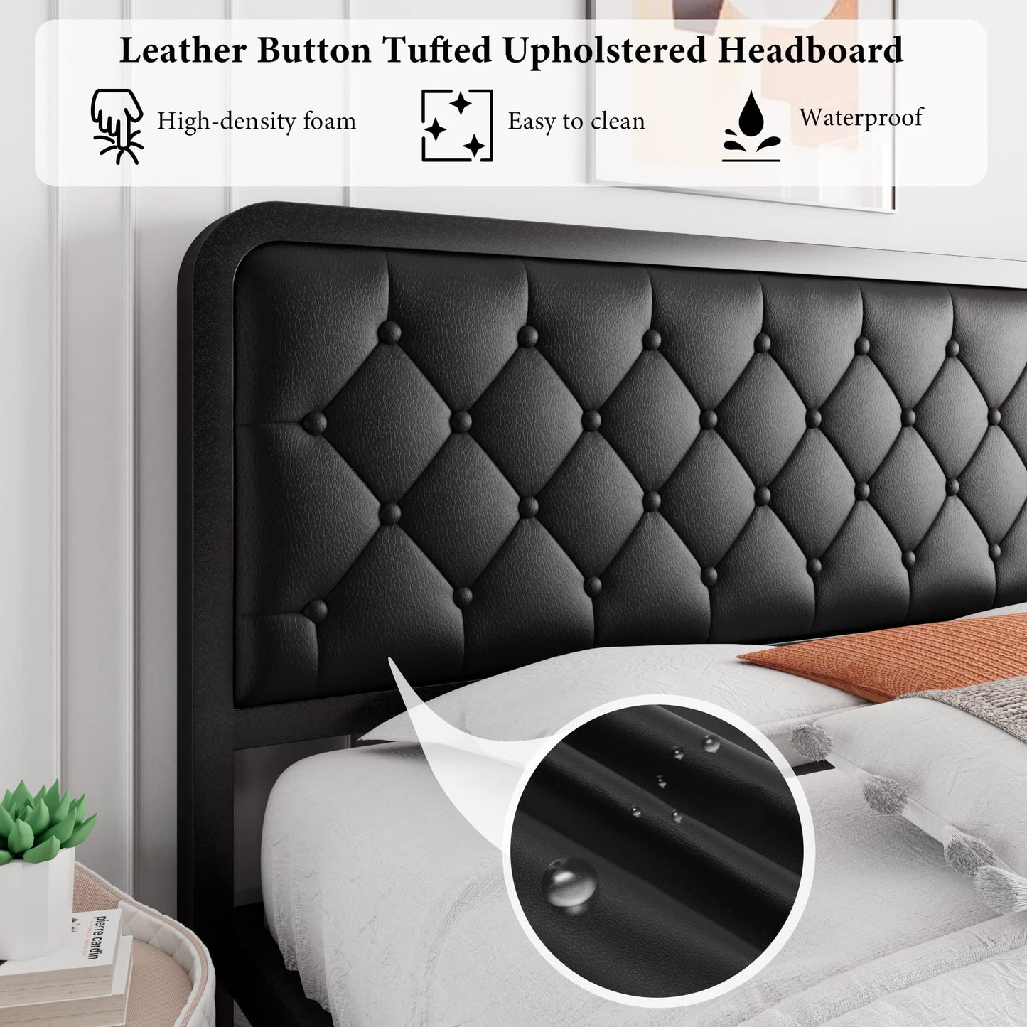 iPormis Queen Bed Frame with Headboard Faux Leather Upholstered Bed Frame Platform, All Metal Slats Support Platform Bed Frame with 12" Under Bed Space, Noise Free, No Box Spring Needed, Black