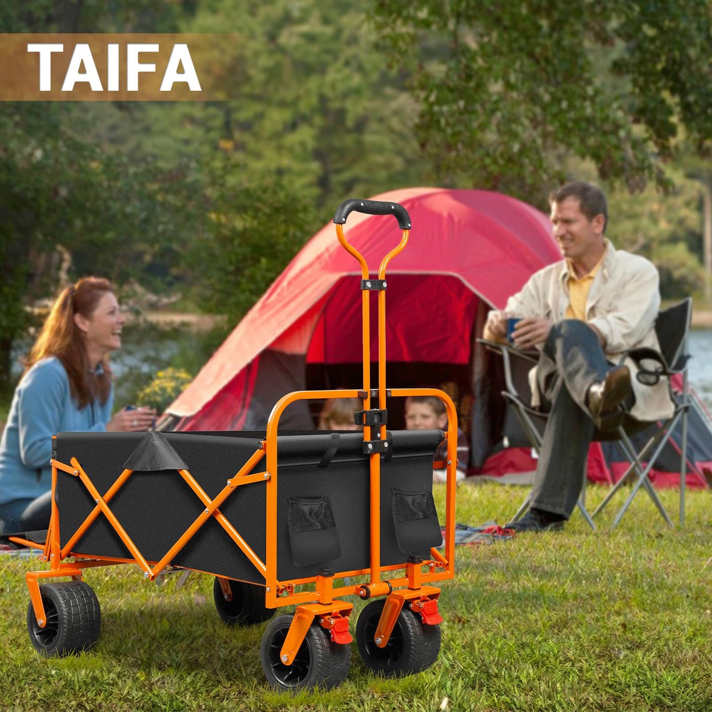 TAIFA Foldable Collapsible Wagons Cart with Extra Long Tailgate, Portable Beach Utility Wagon with Big Wheels and Brakes for Sand Shopping Camping Sports Outdoor, Black and Orange