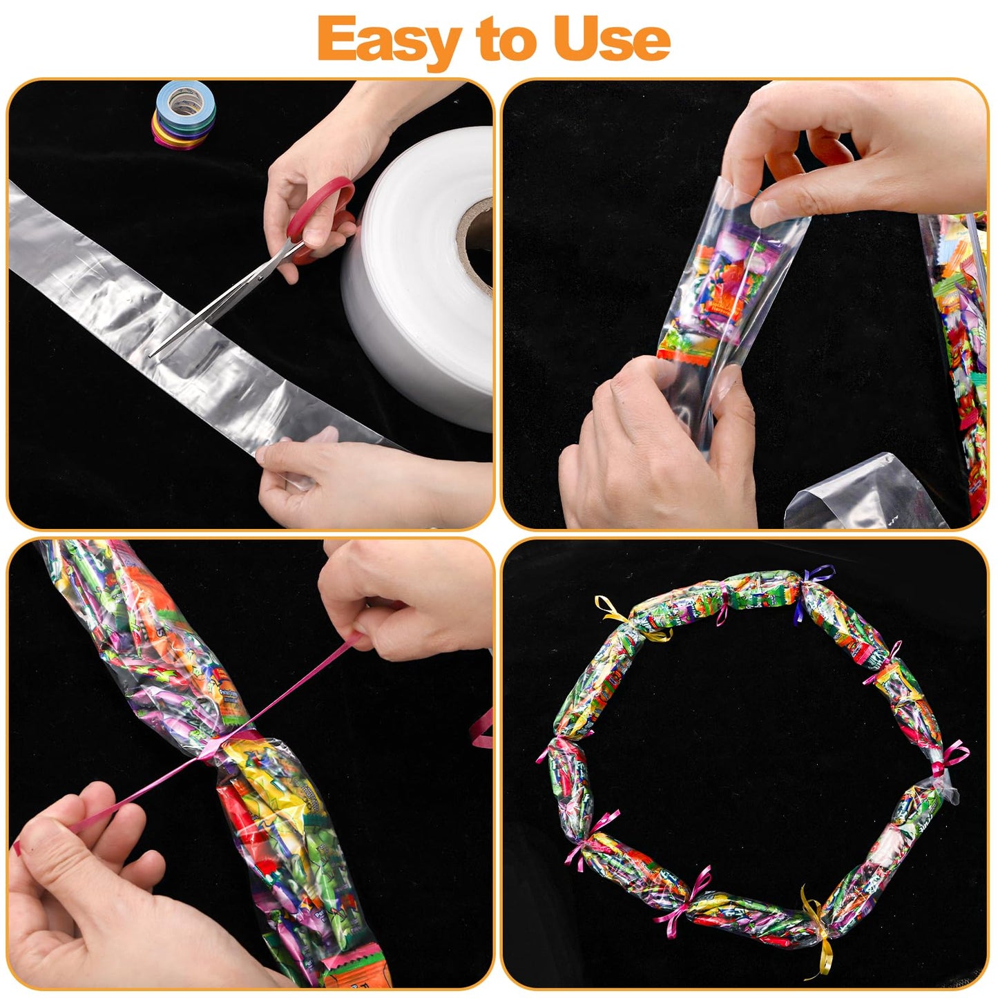 Lawei 2 Inch x 984 Ft Candy Lei Poly Tubing, Plastic Graduation Lei Bags with Ribbons, 4 Mil Clear Poly Bag Tubing Making Kit for Packing Snacks and Small Play, DIY Graduation Wreaths, Party Supplies