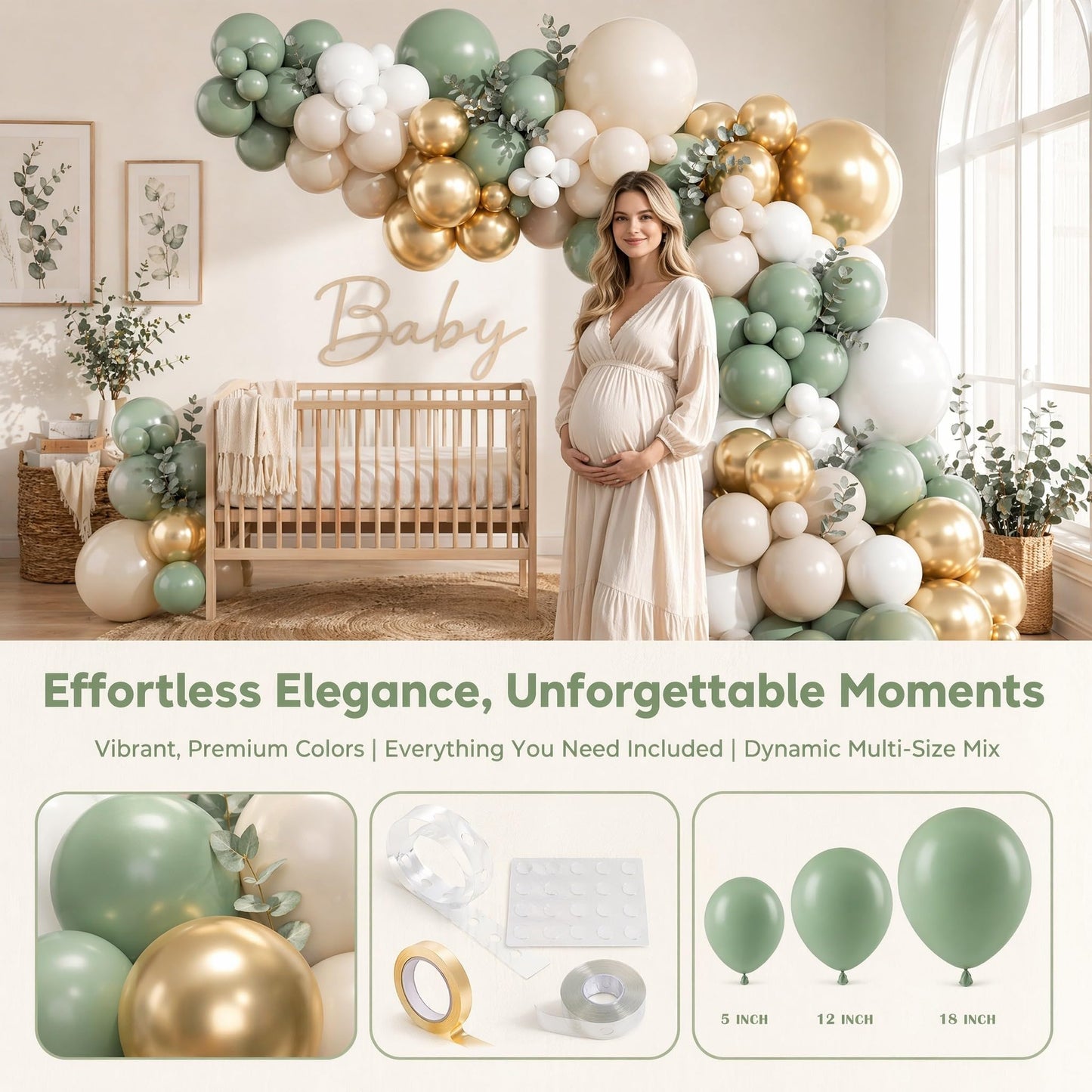 KARLURE Sage Green Balloon Arch Kit Garland with Retro Green White Sand Gold Balloons for Baby Shower Baby In Bloom Wedding Birthday Neutral Rustic Boho Botanical Greenery Wild Decor Party Decorations