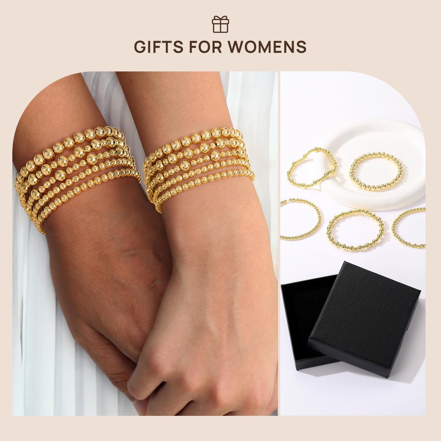 Yoosteel Gold Beaded Bracelets Set for Women - 14k Gold Plated Dainty Round Beaded Strip Bracelet for Women Simplicity Stackable Jewelry Gifts（5 Pcs）
