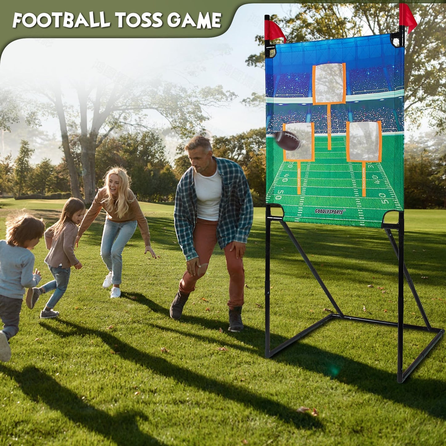 GOODLYSPORTS Football Toss Game with 4 Inflatable Balls + 66" Throwing Target - Football Target Practice for Kids + Football Gifts for Boys 8-12 - Carnival Games for Kids + Yard Games for Adults