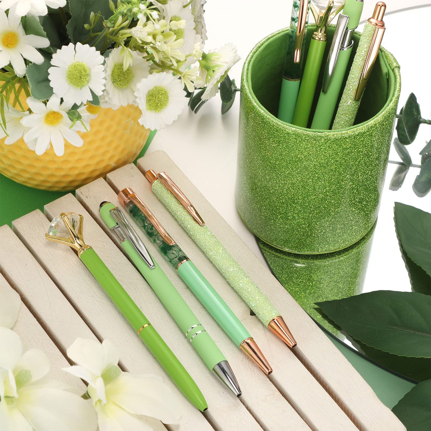 Sabary 8 Pcs Green Pens with Pen Holder for Desk Glitter Crystal Diamond Cute Ballpoint Fancy Pencil Holder Bling Desk Organizer for Women Girls School Office Supplies Wedding Graduation Gifts