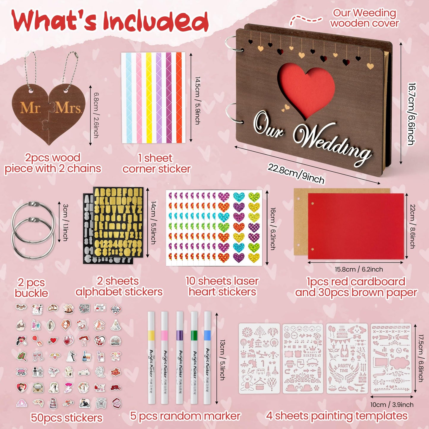 CY2SIDE Our Wedding Scrapbook Album - 111PCS DIY Wooden Memory Photo Book Craft Kit with Stickers Markers Stencils Photo Corner Mr & Mrs Ornament, Picture Journal Gift for Bridal Wedding Anniversary