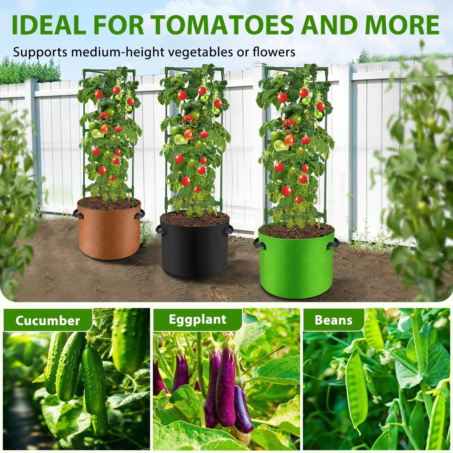 Suntee 3 Pack Tomato Cage with 10 Gallon Grow Bags, 48 Inch Tomato Cages for Garden Patio Balcony, Adjustable Height Tomatoes Plant Support for Climbing Vegetables Plants Flowers