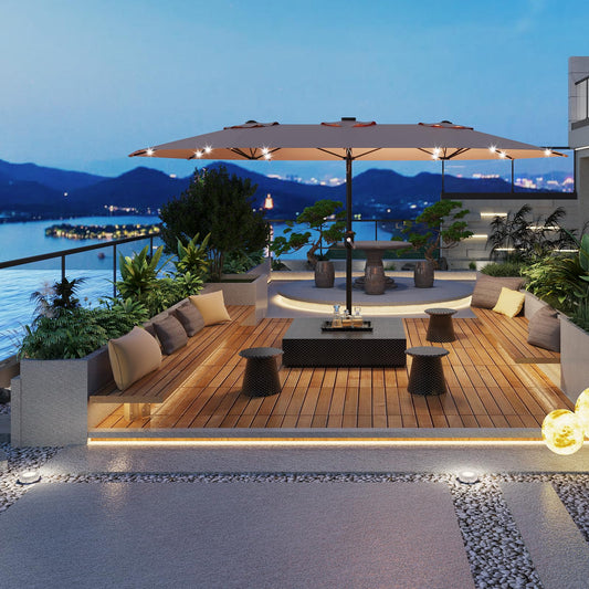 GarveeTech 15FT Solar Patio Umbrella with 36 LED Lights, Weighted Base Included, Tilt and Crank Market Umbrella for Backyard, Garden, Deck, Pool, Beach, Beige