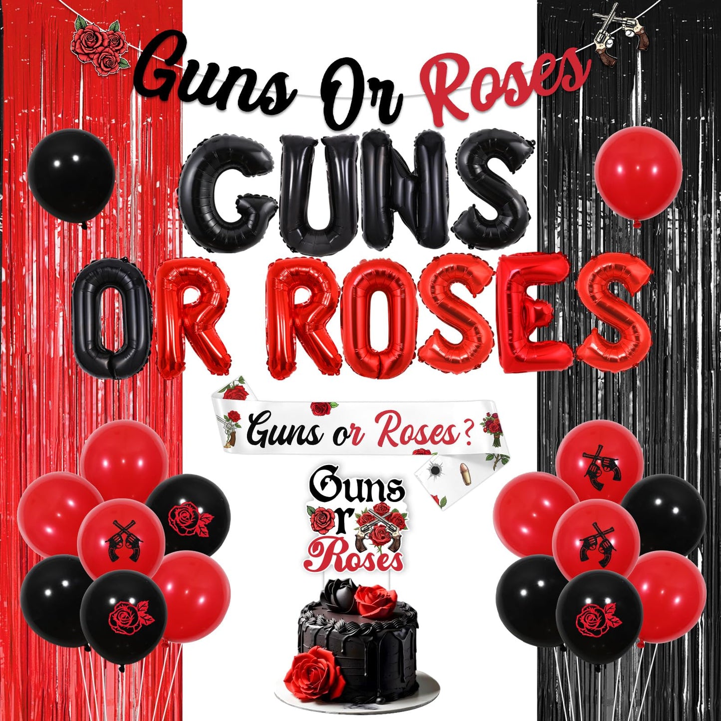 Wonmelody Guns Or Roses Gender Reveal Decorations Red Black Guns Or Roses Banner Cake Topper Balloon Sash Fringes Card Set Gender Reveal Theme Kit for Expecting Parents