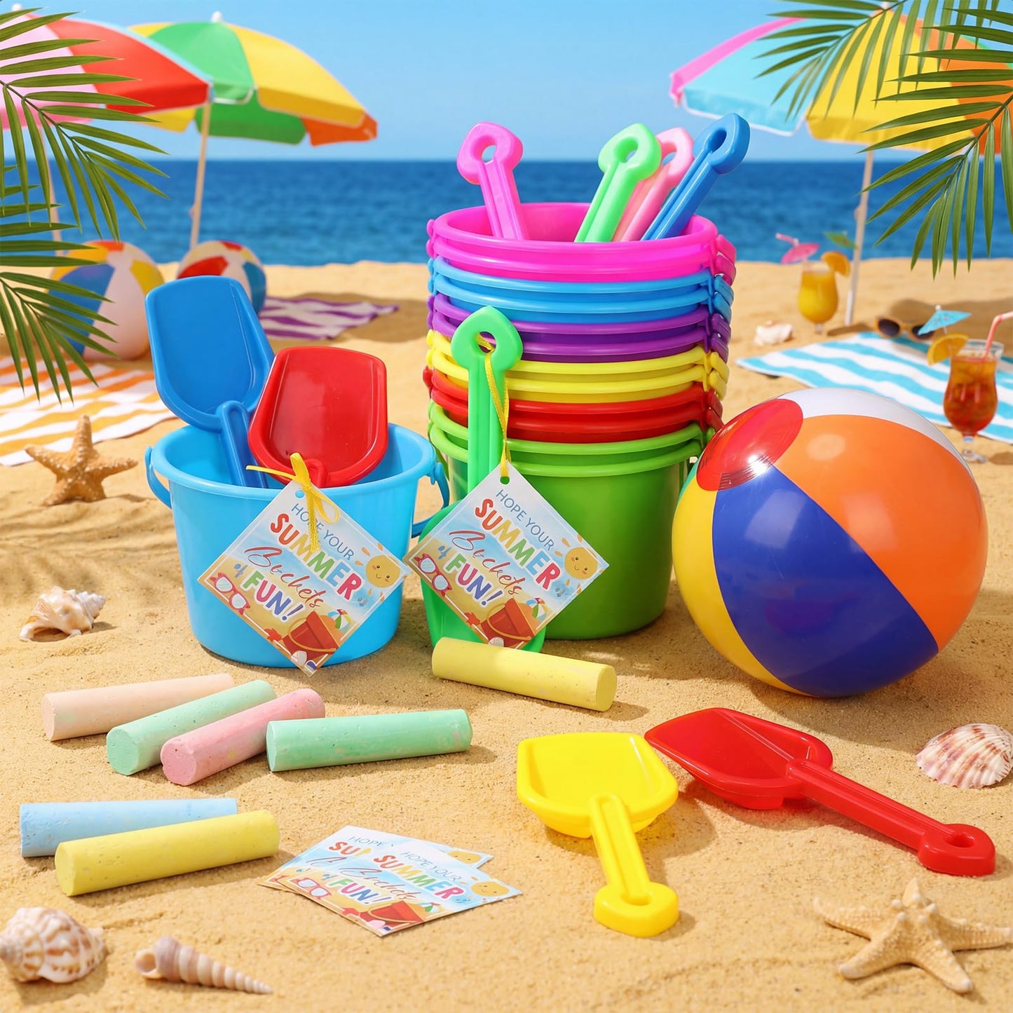 LaRandom 120 Pcs End of Year Gifts for Summer Pool Beach Party Favor Toys Include Inflatable Beach Ball Shovels Sidewalk Chalk Greeting Cards for Party Supplies Gifts Prizes Activity