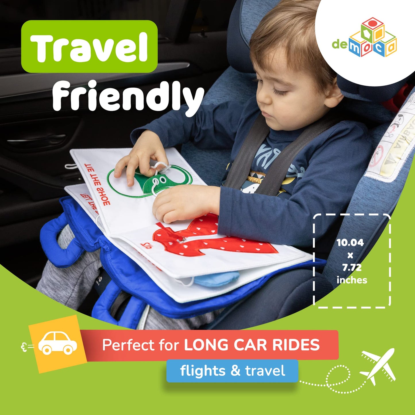 deMoca Toddler Travel Toys for Airplane and Car Rides, Quiet Busy Book for Toddlers 1-3, Plane Toys for 1 Year Old, Montessori Activity Book with All Parts Attached, Screen
