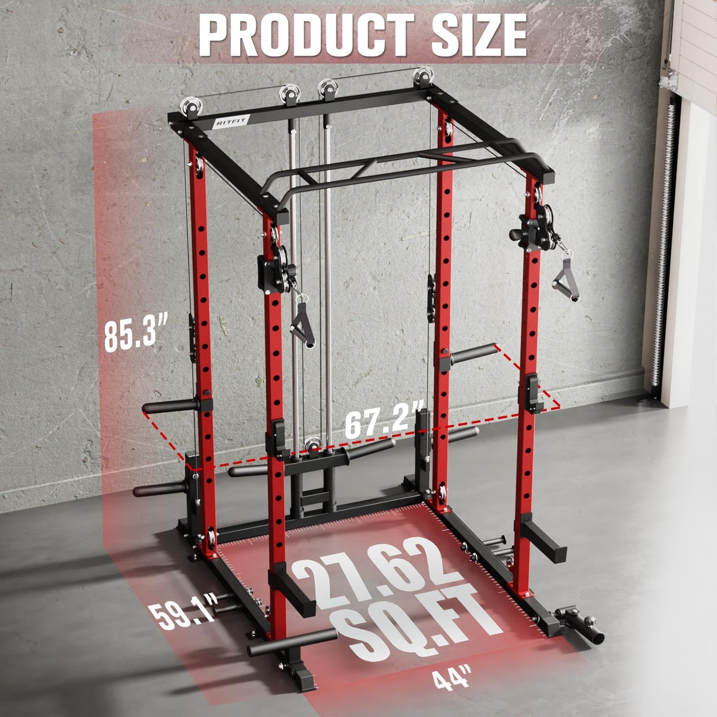 RitFit Squat Rack Power Cage Home Gym Package, Includes 1200LBS Power Rack with Cable Crossover System, Weight Bench, Weight Plate Set with Olympic Barbell (Package 1.7K (Pink Plate 260LBS))