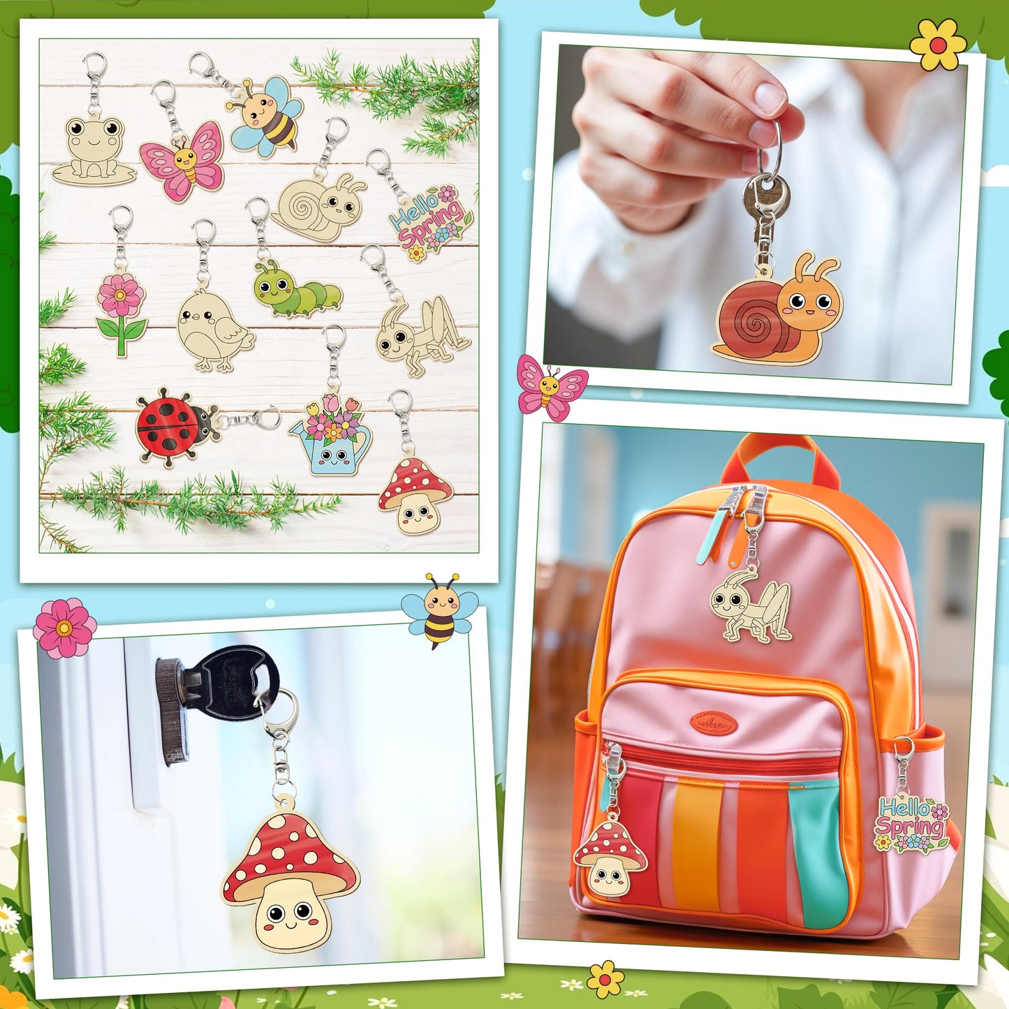 Haooryx Diy Wood Craft Kit - 24 Pcs Paint Decorate Your Own Hello Spring Cute Flower Animals DIY Wooden Art Painting Blank Keychains Wood Craft Kit Creative Activity Birthday Party Favors Goodie Bag