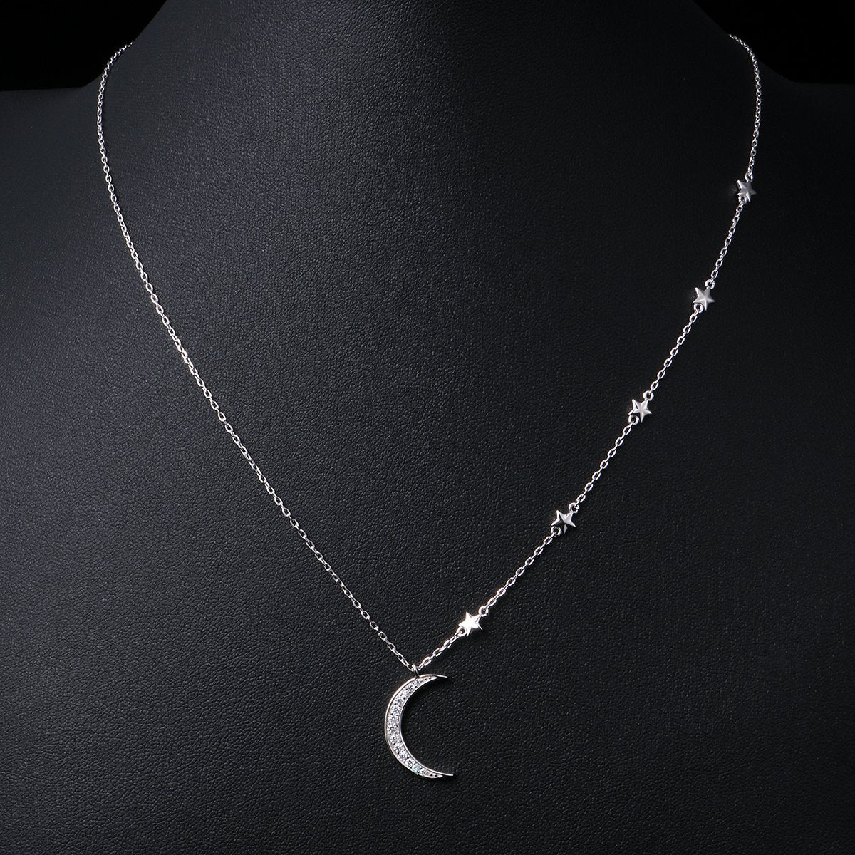 925 Sterling Silver Crescent Moon and Star Celestial Jewelry CZ White Shell Beads Mother of Pearl Pendant Necklace Rolo Chain 18 inches to 20 inches