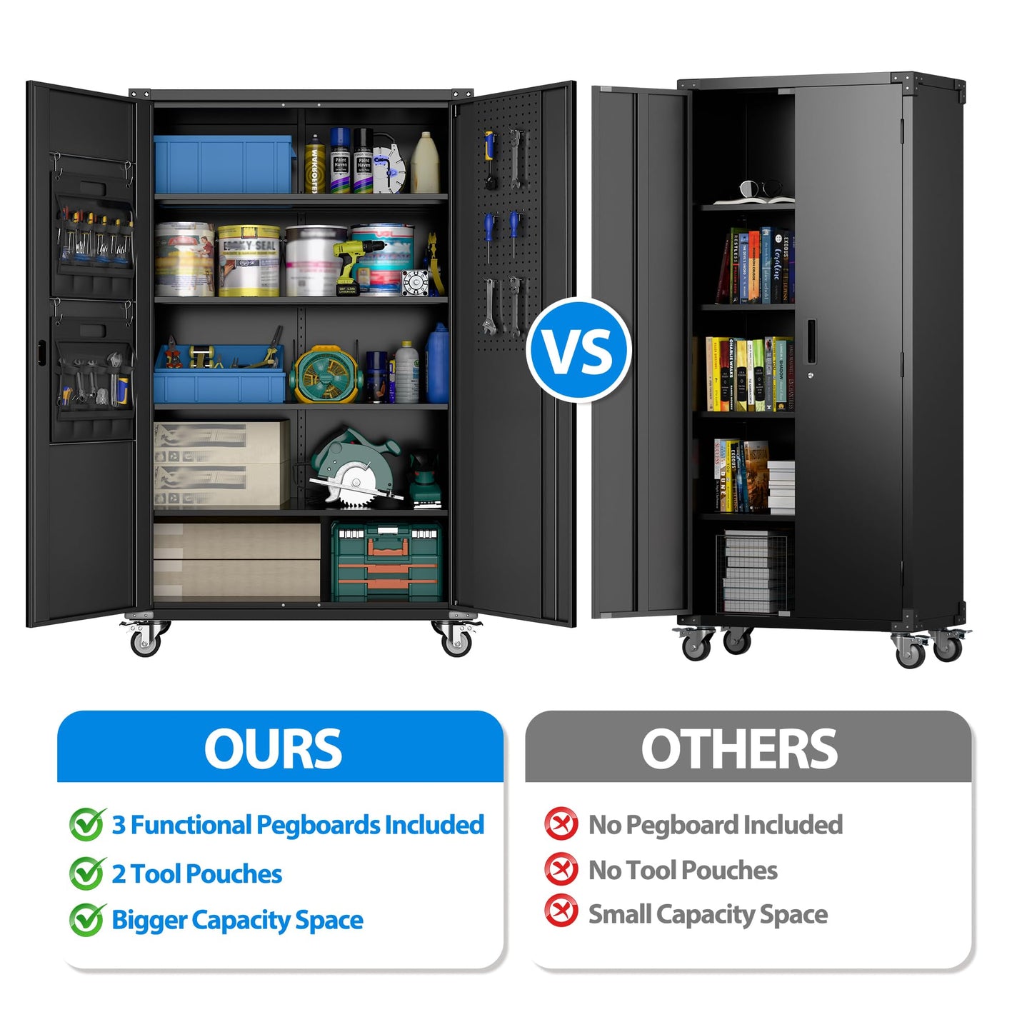 2025 Upgraded Wide & Deep Garage Storage Cabinet with Wheels, Lockable Metal Storage Cabinet with Pegboards and 9 Hooks, 2 Tool Pouches for Garage,4 Adjustable Shelves (Black,43''W x 22''D x 72''H)