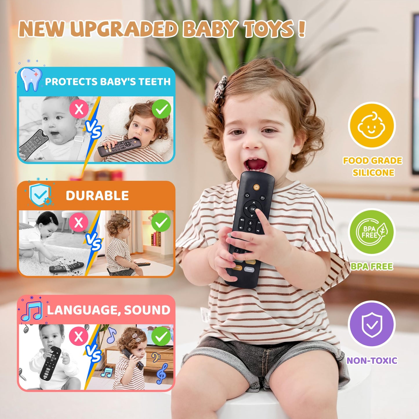 Baby TV Remote Toy with Lights & Sounds - Interactive Learning Toy (3 Languages: English/Spanish/French), 50+ Musical Sounds, Realistic Design - Perfect 1 Year Old Gift for Boys & Girls (Black)