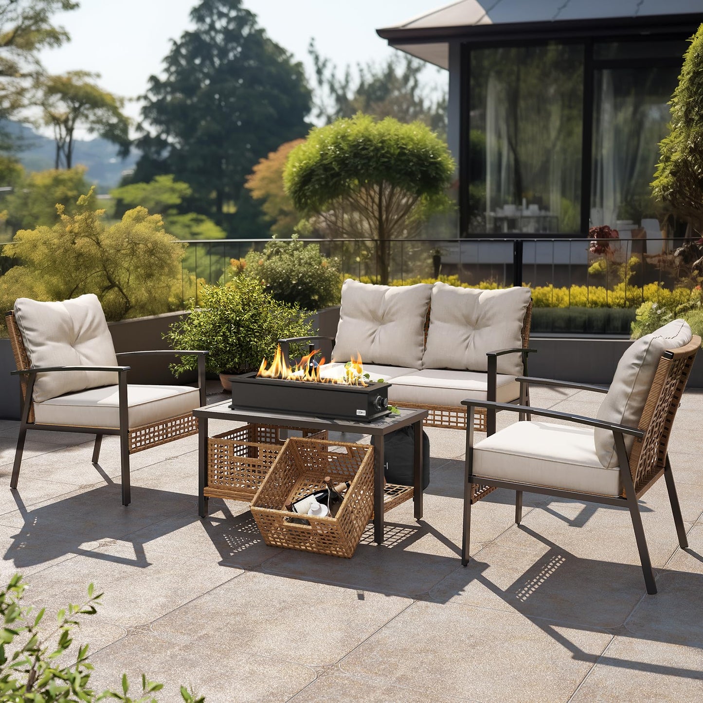 Onlyfire Loom X Propane Fire Pit Table with Stainless Steel Burner and Decorative Fire Glass Beads - 28 Inch Rectangular Tabletop Gas Fireplace (Side Connected)