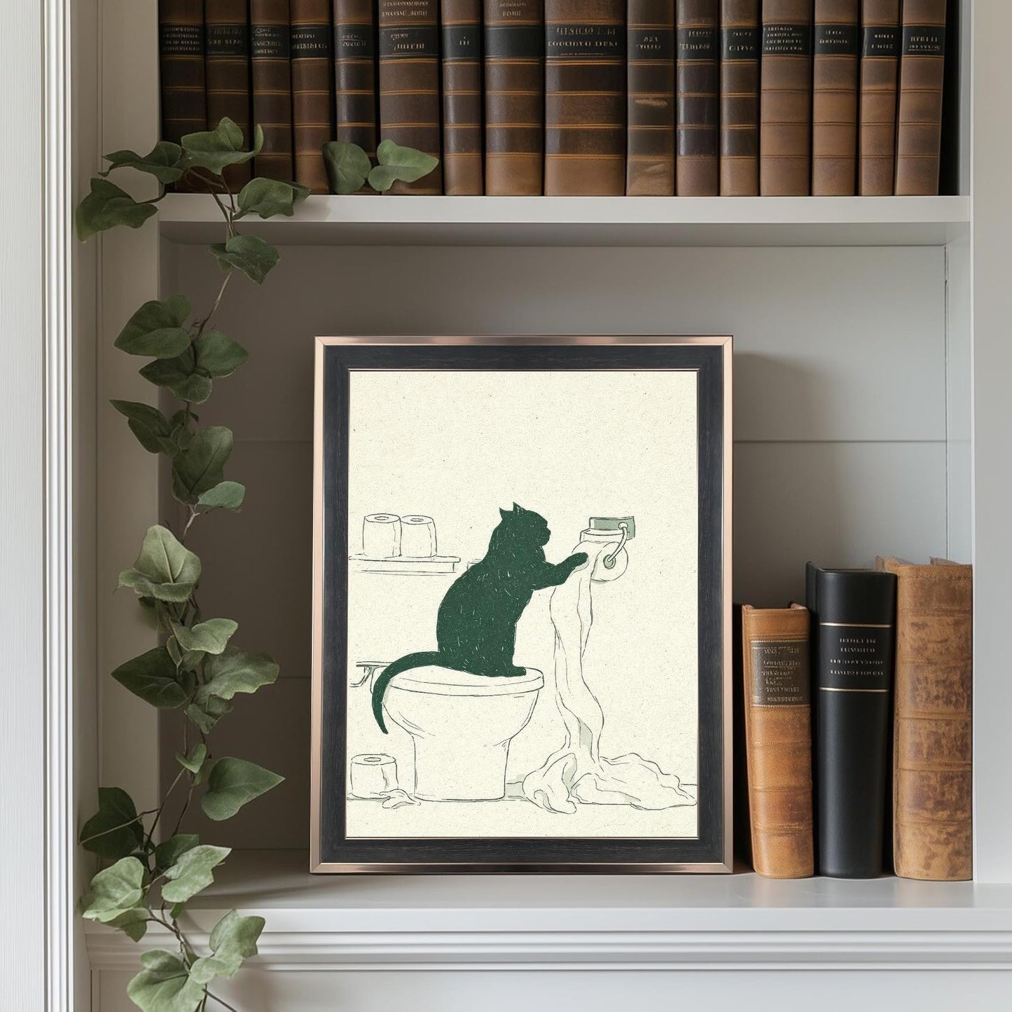 Framed Funny Cat Bathroom Wall Art Minimal Black Cat Toilet Paper Sketch Line Drawing Canvas Print Humorous Decor for Bathroom Guest Toilet Ready to Hang 12inx16in