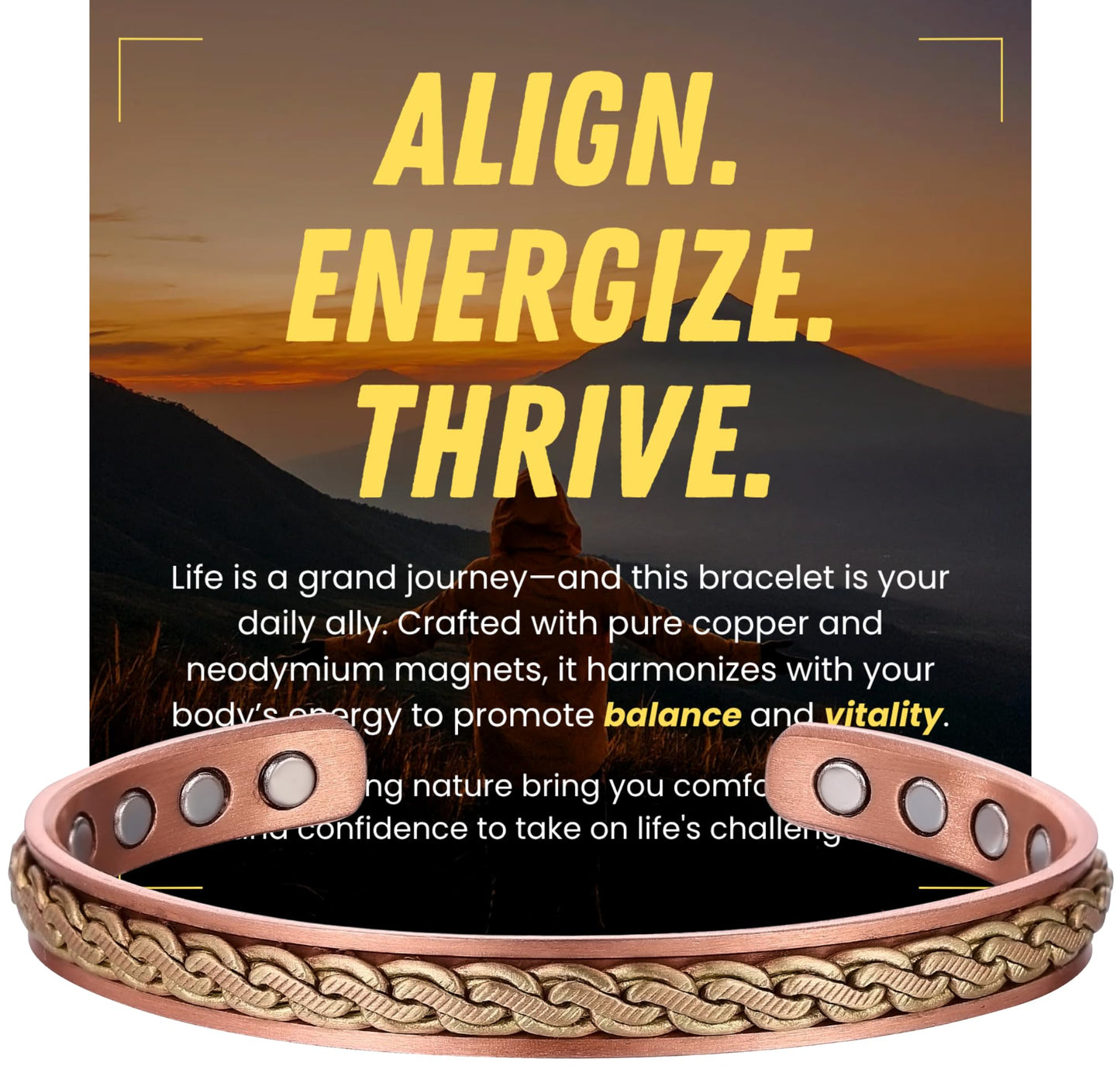 WestLuna Magnetic Copper Bracelet for Women, 8X Ultra Strength Magnetic Bracelets with 3,800 Gauss Magnets, 99.99% Pure Copper Health Jewelry Gift, Includes Gift Box, Jewelry Cloth, Blank Blessing Card (Woven Inlay)