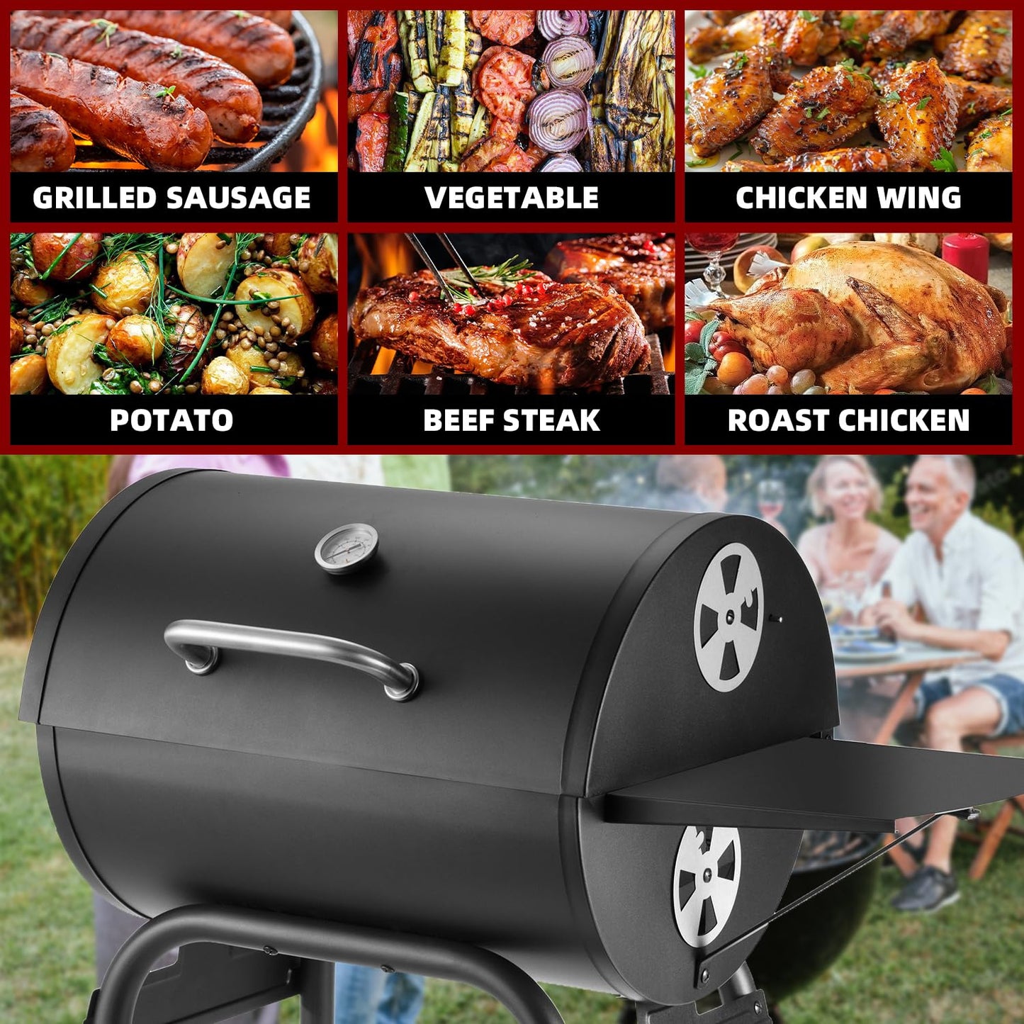 Charcoal Grill Outdoor BBQ Grill, Barrel Charcoal Grills with Side Table, with Nearly 500 Sq.In. Cooking Grid Area, Outdoor Backyard Camping Picnics, Patio and Parties, Black