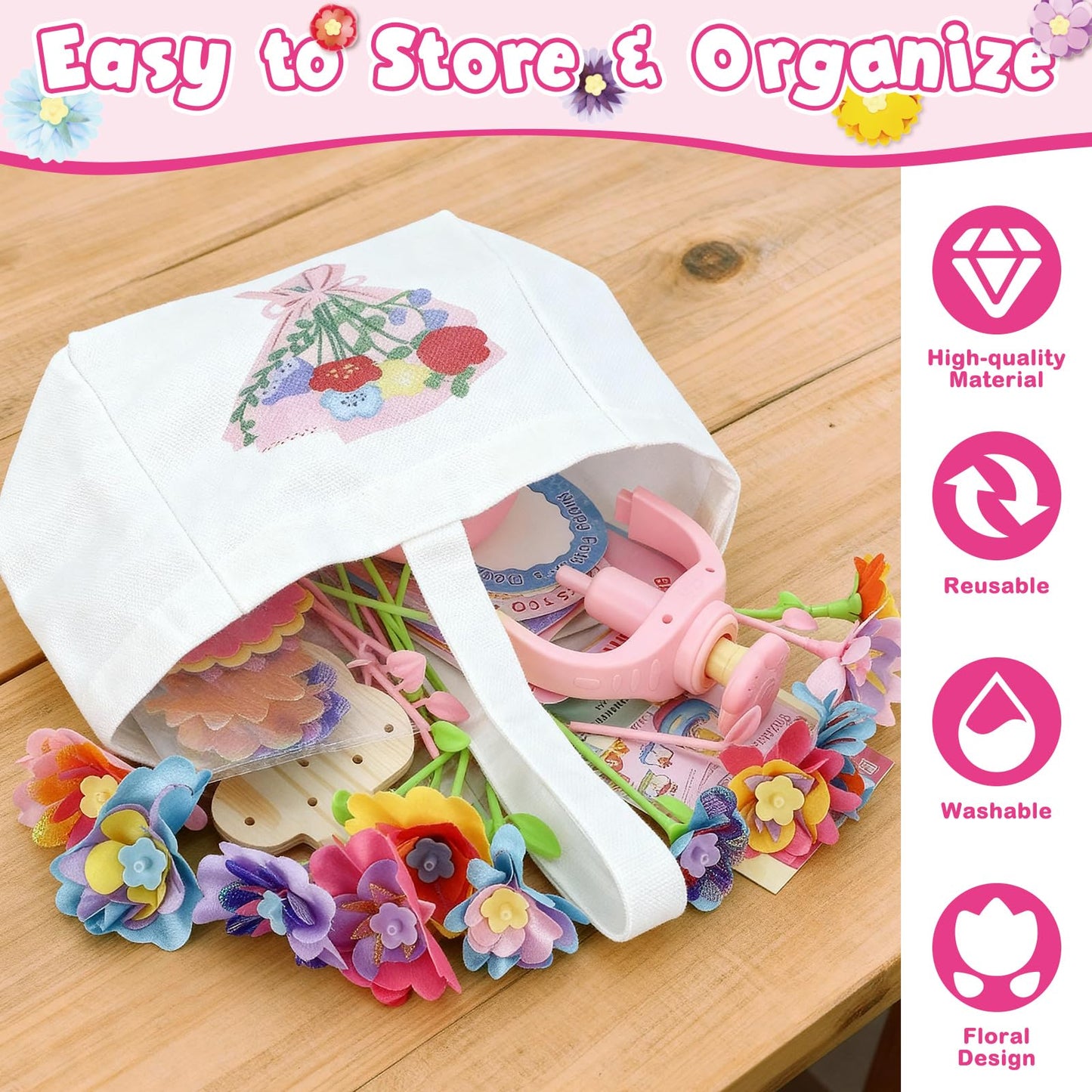 DIY Flowers Craft Kit for Girls, Flower Bouquet Maker Machine with 120 Fabric Petals, 14 Greeting Cards, Gift Wrap, Vase & Storage Bag, Creative Floral Arts and Crafts Toy for Kids Ages 3-12