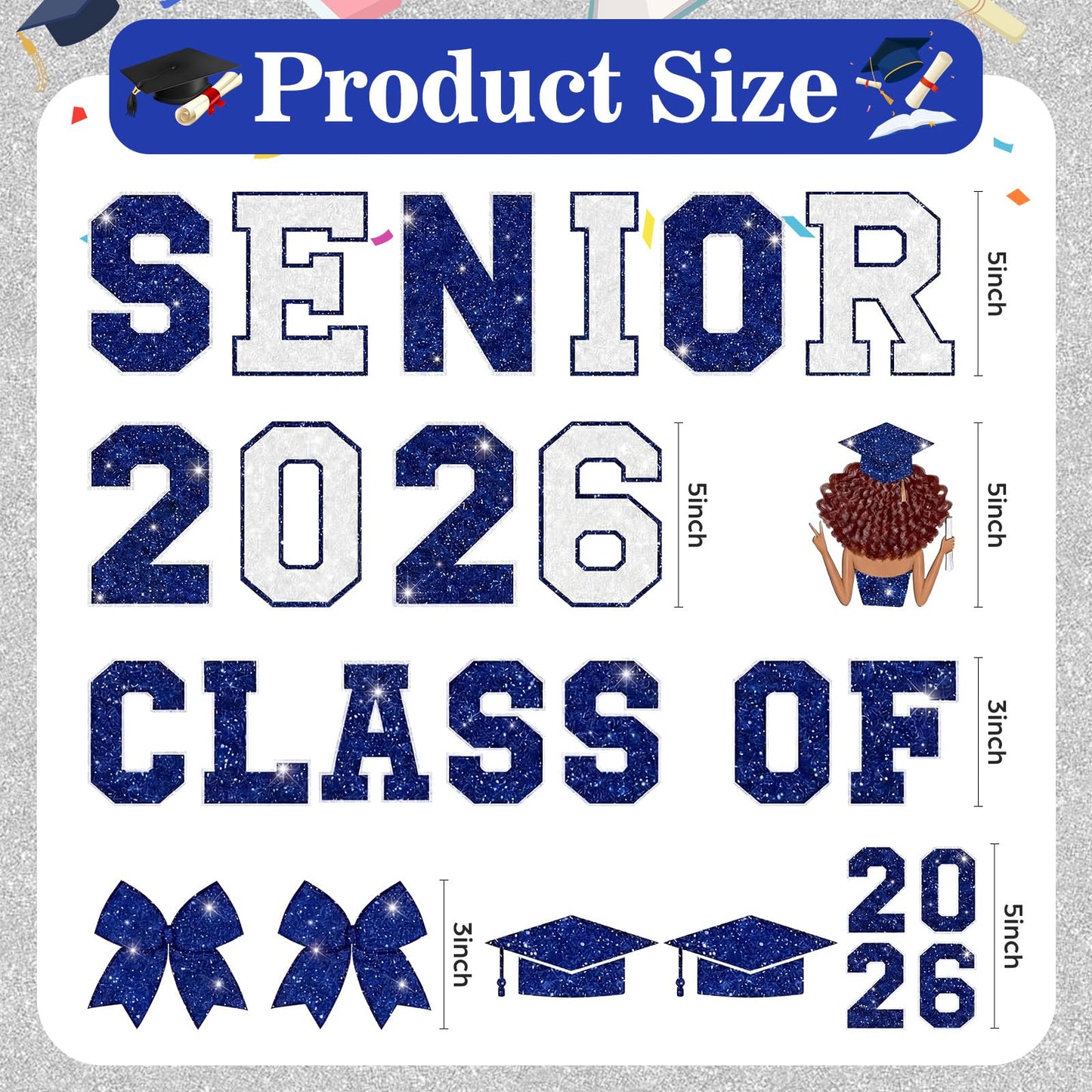 Glenmal 17 Pcs Senior Class of 2026 Iron on Patches Glitter Bow Heat Transfer Stickers Set for Black Women Graduation Outfit Decor Corset Jeans Grad Party Clothing DIY Crafts(Blue, Silver)