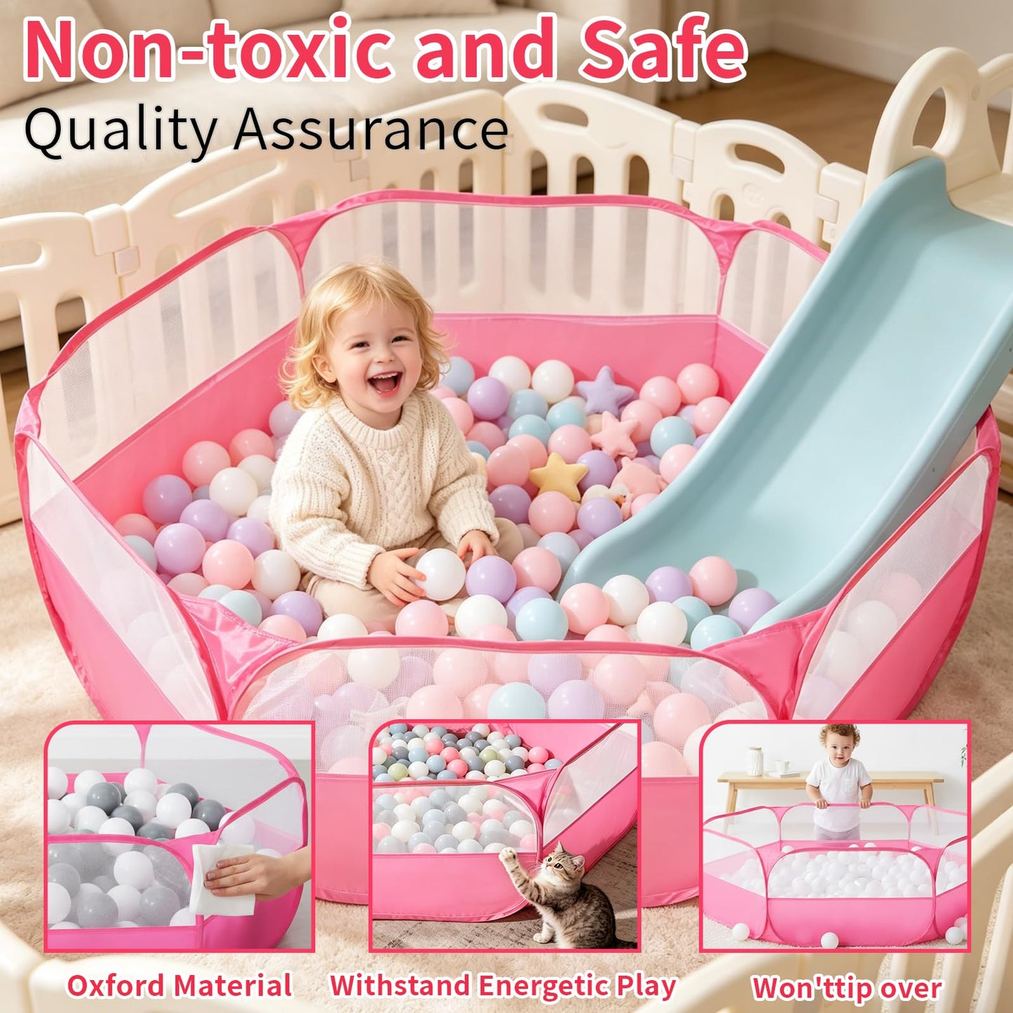 Foldable Ball Pit for Toddlers, Large Pop Up Ball Pits Kids Play Tent Crawl Playpen Ball Pool Playhouse Playpen with Storage Bag, for Boys Girls Dogs Cats Ferrets Indoor Outdoor, Bright Pink