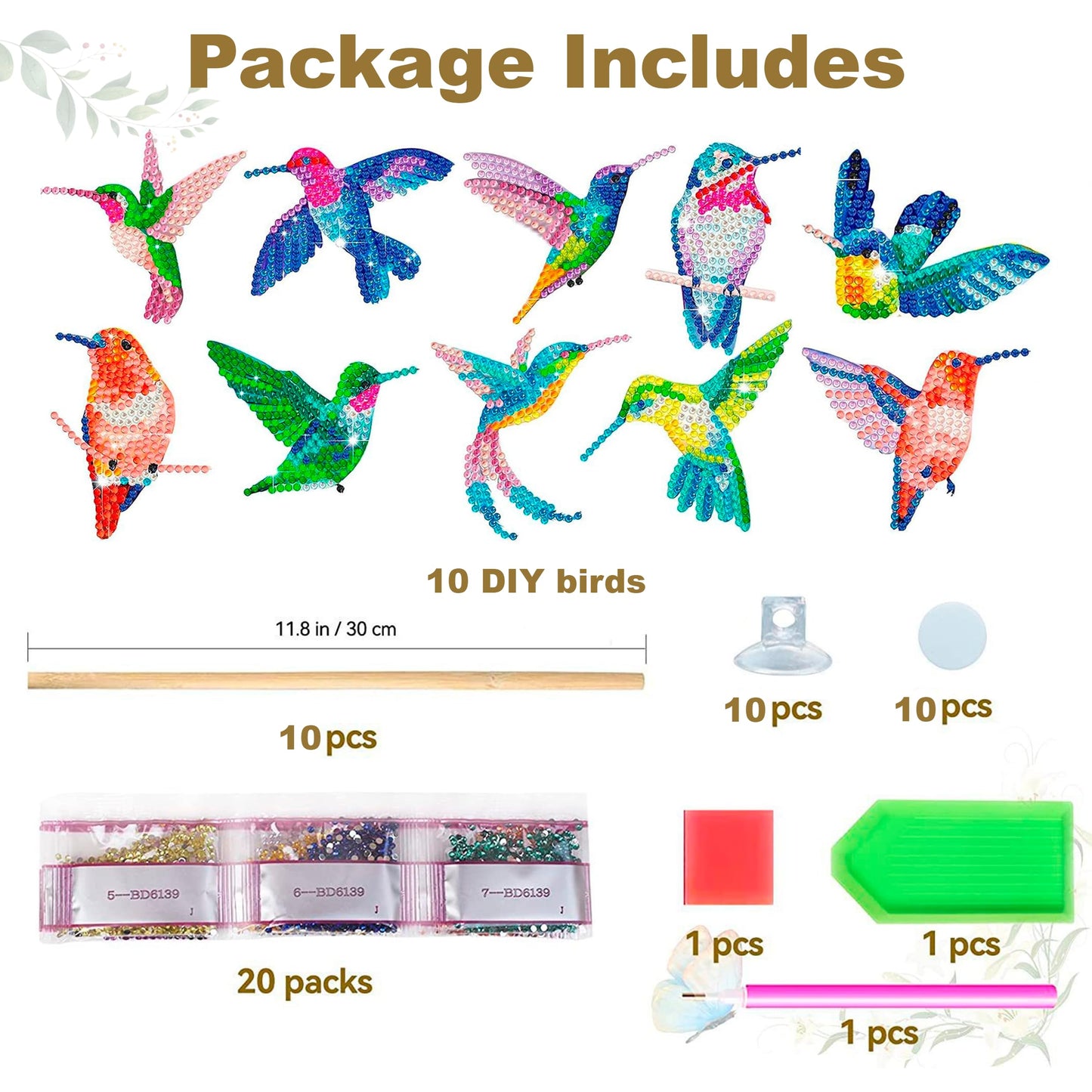 BEAUTYMEHNDI STORE 10 Pack Diamond Art Bird Plant Stakes – DIY Hummingbird Mini Diamond Painting Kit for Adults, Garden Decor for Potted Plants, Gift for Plant Lovers