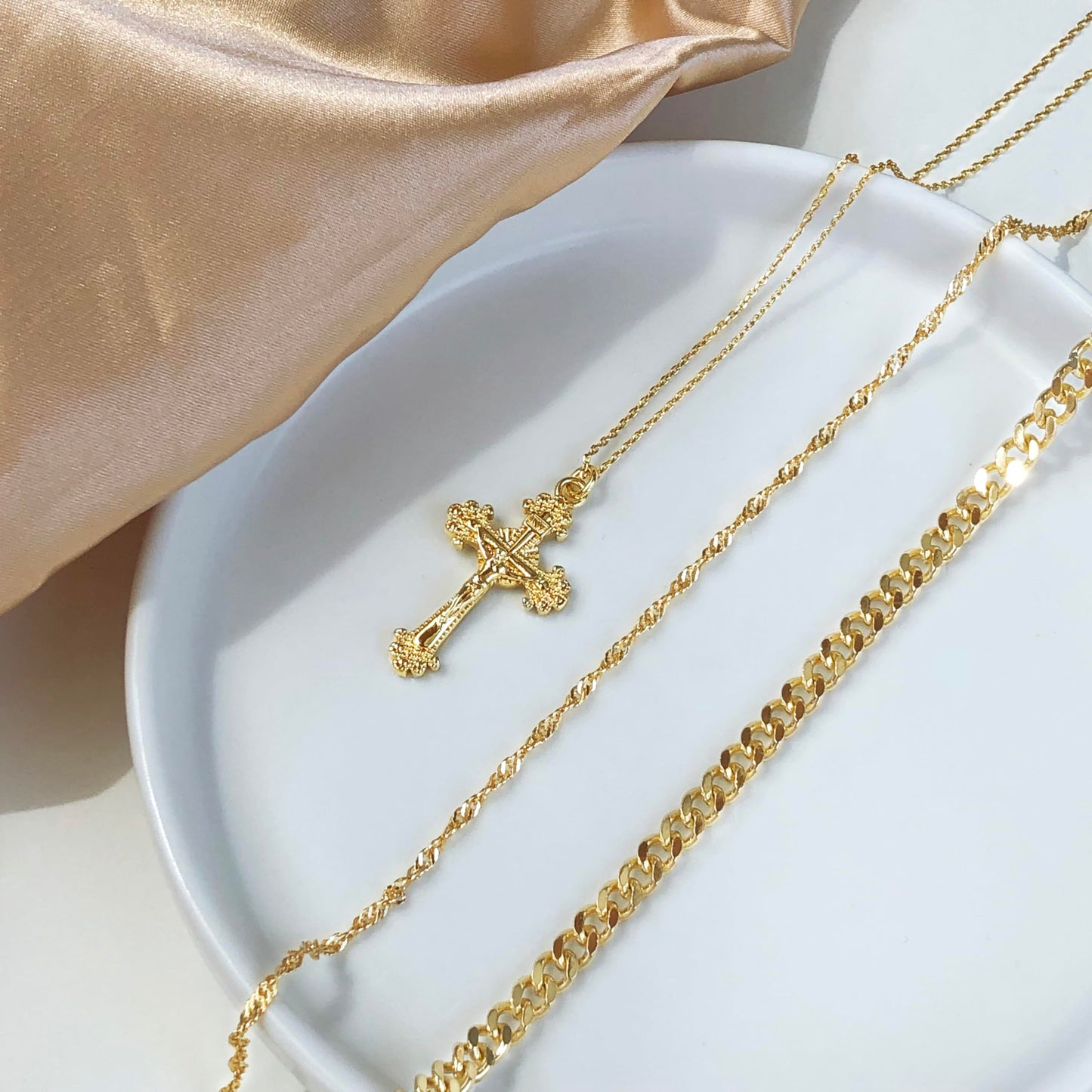 HAXIYA Gold Cross Necklace for Women 14K Gold Plated Choker Cross Pendant Necklaces Cuban Link Wave Link chain Layered Minimalist Simple Tiny God Lords Prayer Religious Jewelry