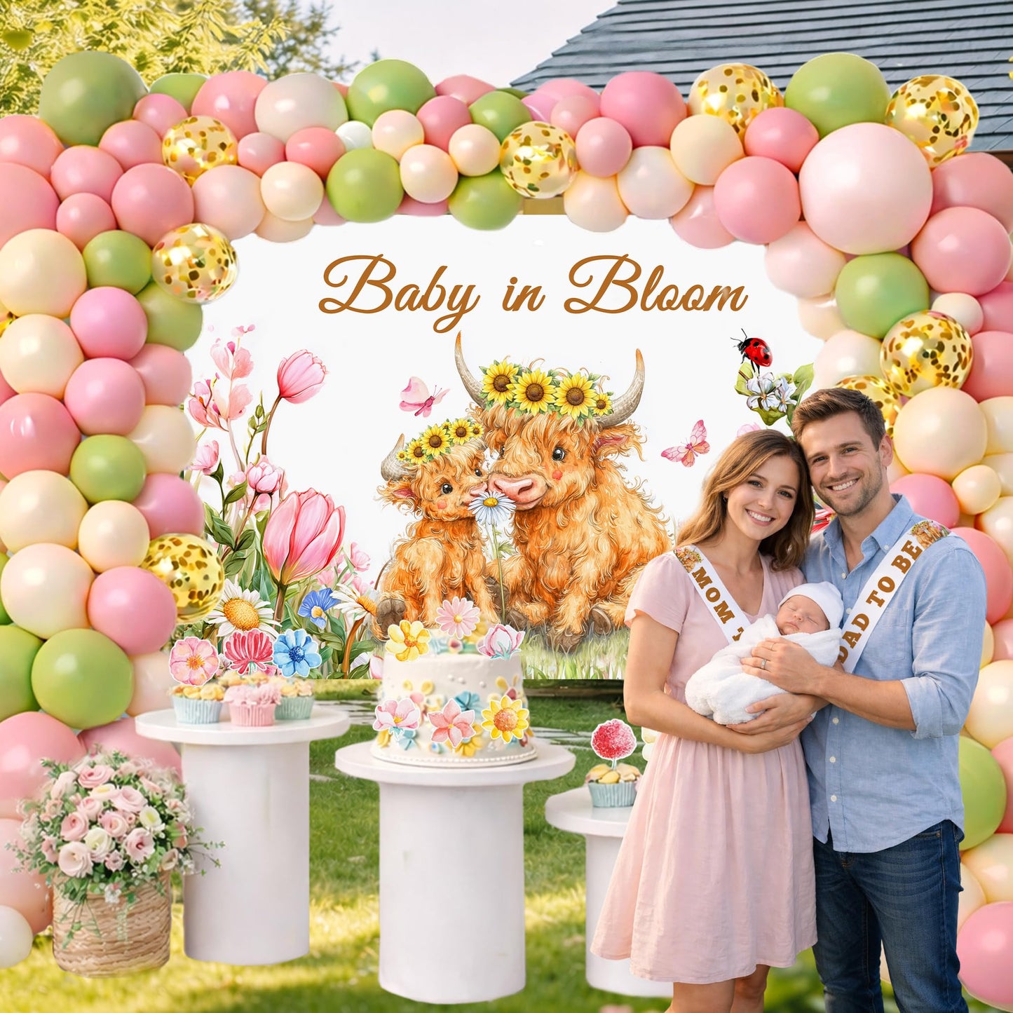 Baby in Bloom Baby Shower Decorations Kit 130PCS for Girl, Highland Cow Floral Baby Shower Decor, Pink Baby Shower with Balloon Garland Arch, Backdrop Banner, Cake Topper, Mom to Be & Dad to Be Sash