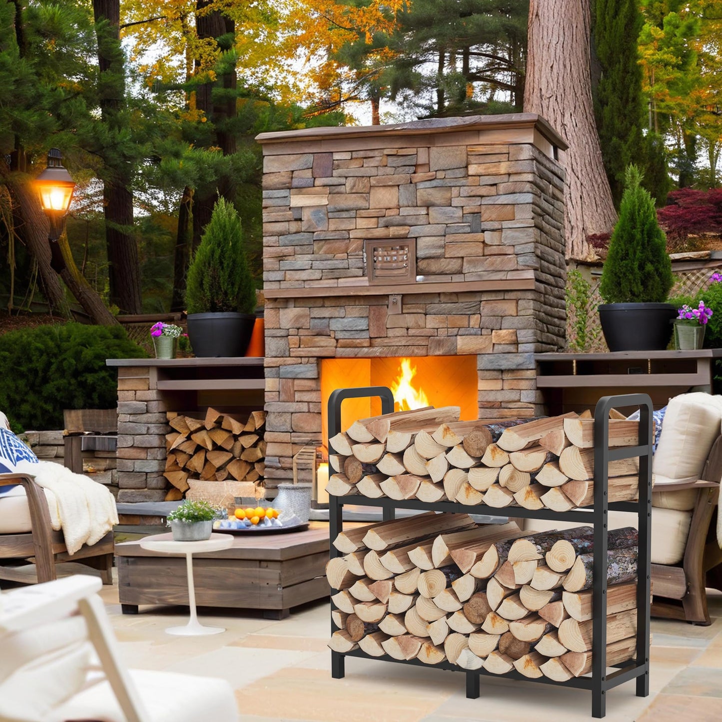 HXJLJY 2-Tier Large Firewood Rack Outdoor Indoor with Log Carrier Bag, 30" Stable Log Holder Rustproof Metal Wood Rack for Fireplace Patio Deck Firepit, Heavy Duty Firewood Storage Organizer Tool