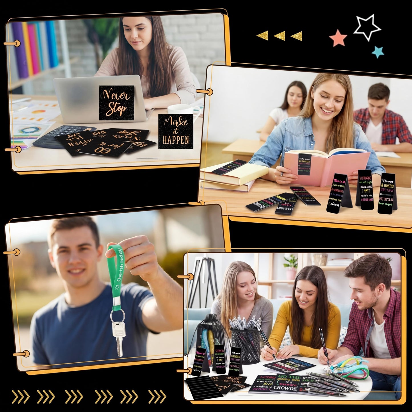 Pasimy 218 Pcs Inspirational Stationery Gifts Motivational Mini Notepad Pen Quote Bookmarks Stress Relief Stickers Inspiring Silicone Keychains for Home Office Appreciation Gift(Dark)