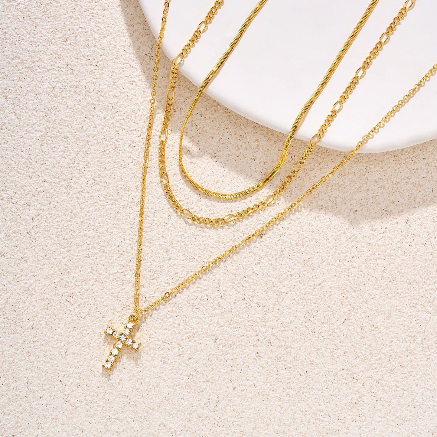 LANE WOODS 3-Piece Gold Layered Necklace Set for Women, 14k Gold Plated CZ Cross Pendant Choker, Dainty Stackable Adjustable Trendy Jewelry Gift for Wife Mom