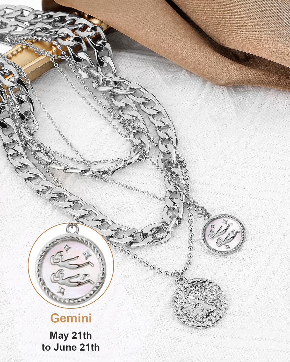 MJartoria Gold Layered Necklaces for Women Trendy Retro Coin Pendant Necklace Dainty Chunky Chain Choker Necklaces for Jewelry Birthday Gifts (Silver, Zodiac-Gemini-3PCS Layered)