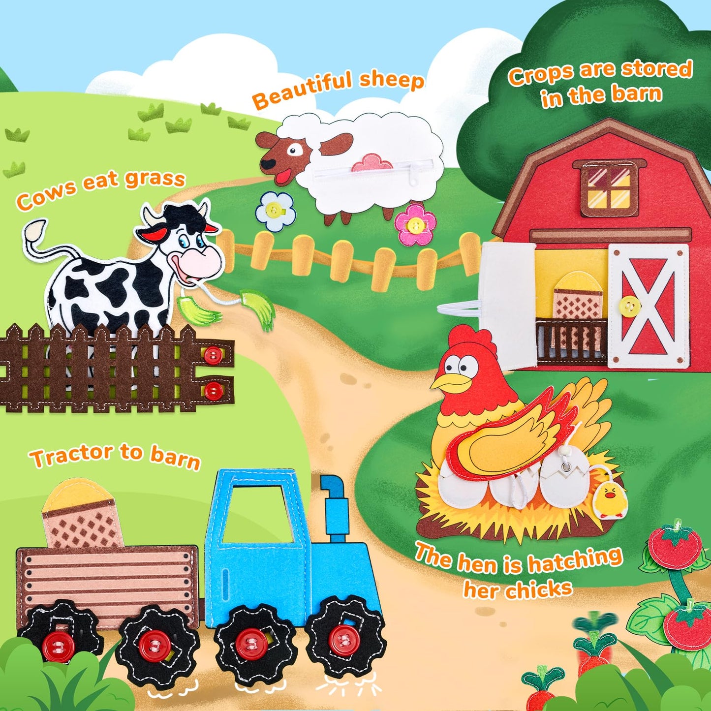 JoyCat Farm Busy Book for Toddlers 1–3 – Quiet Montessori Activity Book with 15 Daily Life Activities, Screen-Free Travel Toy for Toddlers, Easter Basket Stuffers Gifts Kids