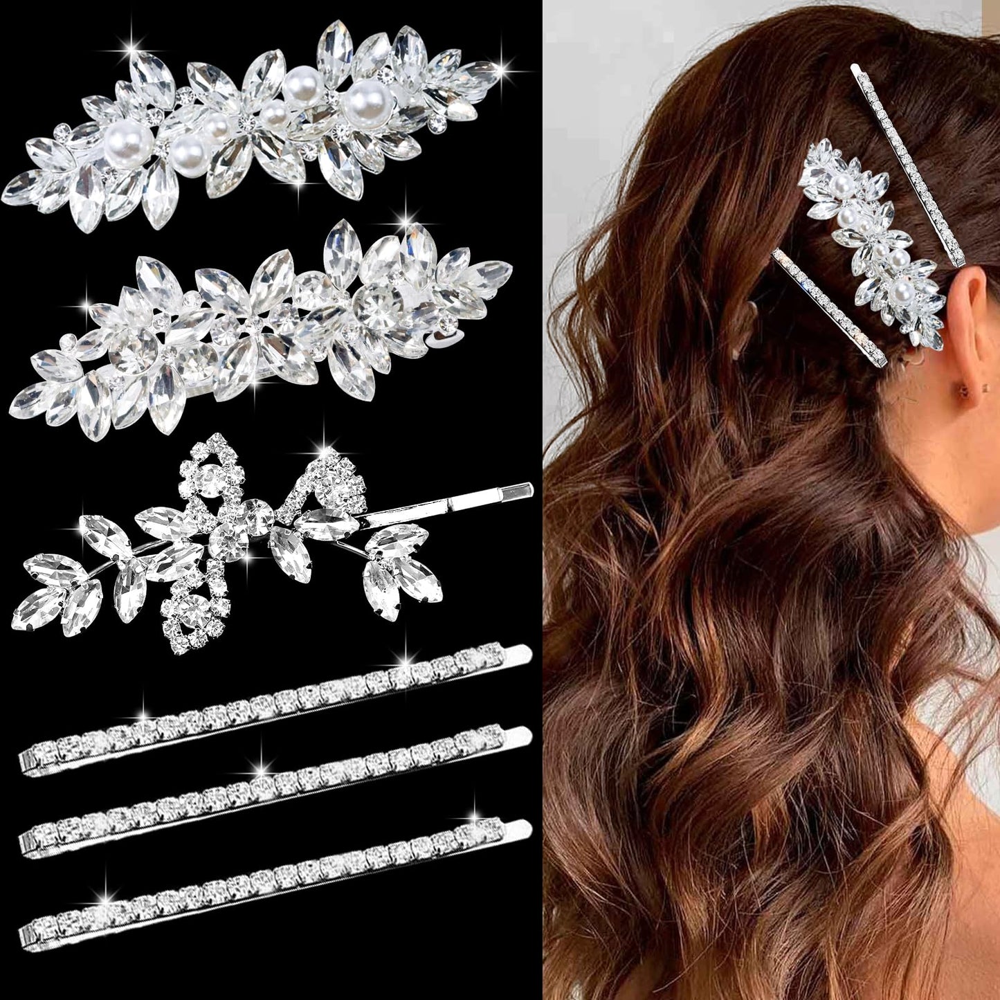6 Pieces Rhinestone Bridal Hair Clips Leaf Wedding Hair Pins Crystal Bobby Pins Silver Hairpin Jewelry Barrette for Brides Bridesmaids Flower Girls