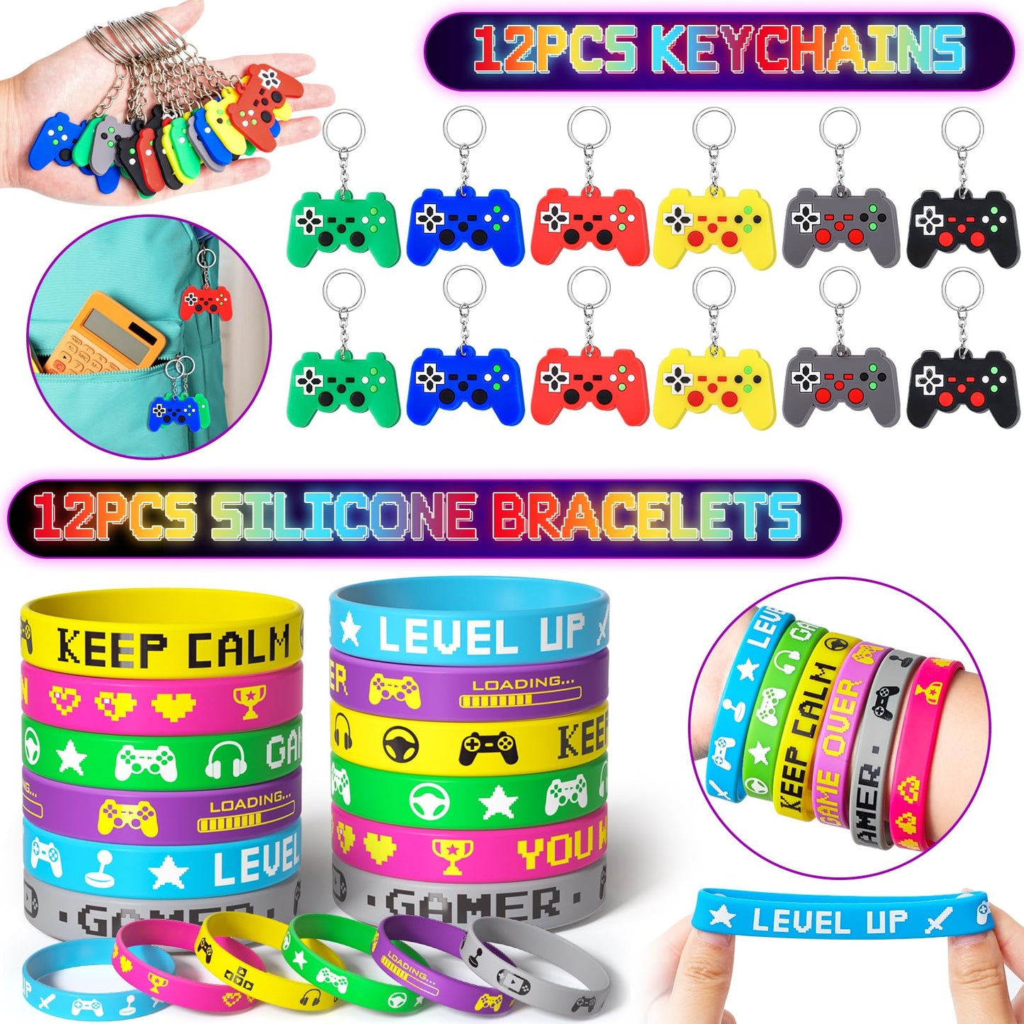 SNLN Video Game Party Favors Gamer Birthday Supplies Kids Notebook Invisible Ink Pen Paper Bag Silicone Bracelet Stamper Keychain Glow Tattoo Sticker Gaming Game On Party Favors Goodie Stuffers Decor