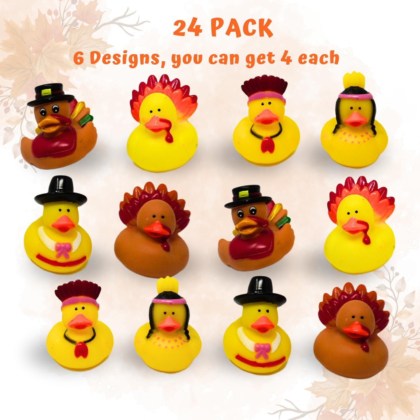 4E's Novelty Thanksgiving Rubber Duckies (12 Pack) Thanksgiving Themed Rubber Ducks Bulk Turkey & Pilgrim Ducks, Thanksgiving Party Favors Supplies for Kids Adults, Table Centerpiece, Bath Toys