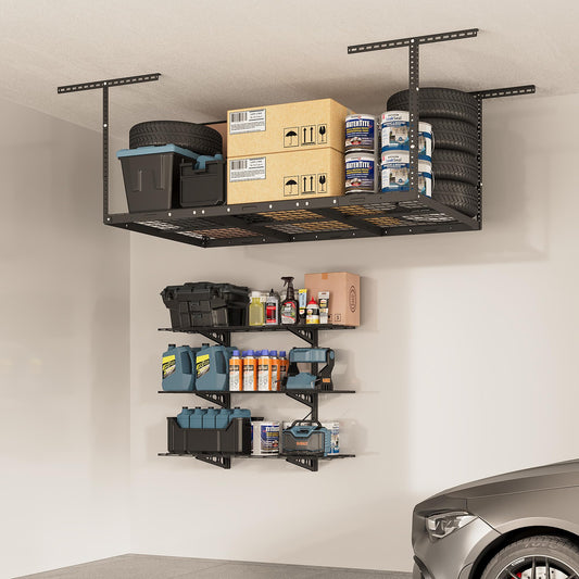FLEXIMOUNTS 3x6 Overhead Garage Storage Rack, plus 3-Tier 1x4ft Wall Mounted Adjustable Shelving Unit, 450lbs+450lbs Capacity, Black Steel Frame
