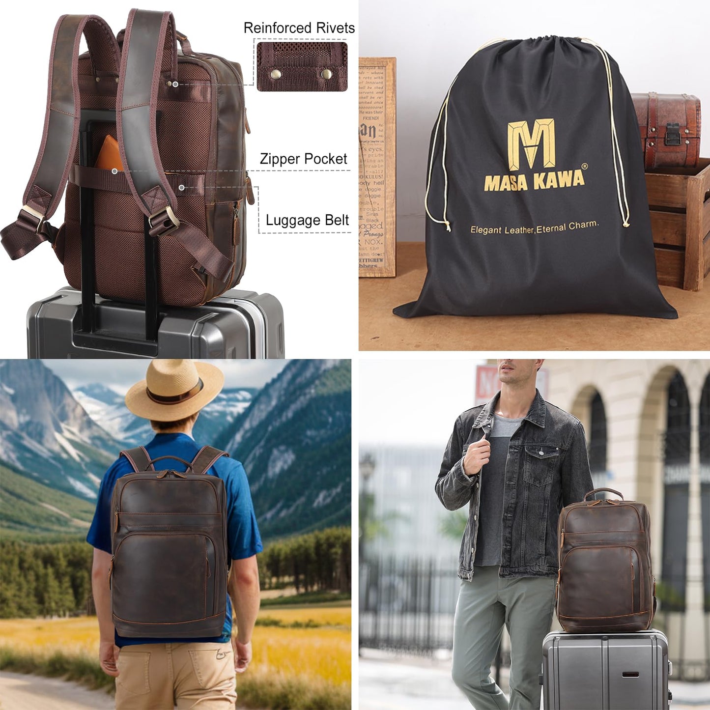 Masa Kawa Brown Leather Laptop Backpack for Men Fits 16” 15.6” Computer, Vintage Business Travel Work Large Daypack Weekender Bag Camping Rucksack