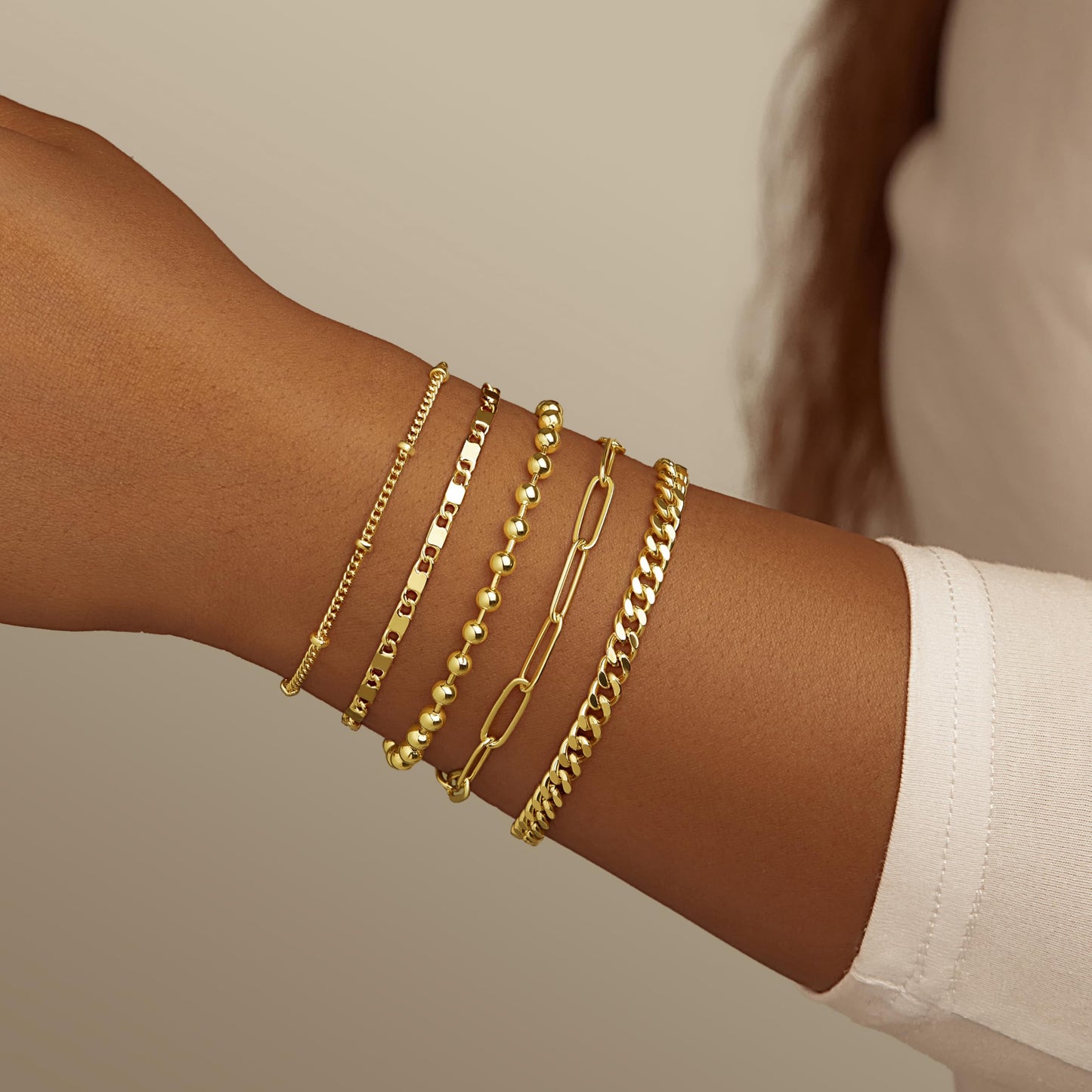 Poxtex Gold Bracelets for Women Trendy, 5pcs Dainty Stackable Bracelets for Women Waterproof, 14k Real Gold Bracelets Stack With Beaded Cuban Paperclip Satellite Mirror Chain, Gold Jewelry Set Gifts