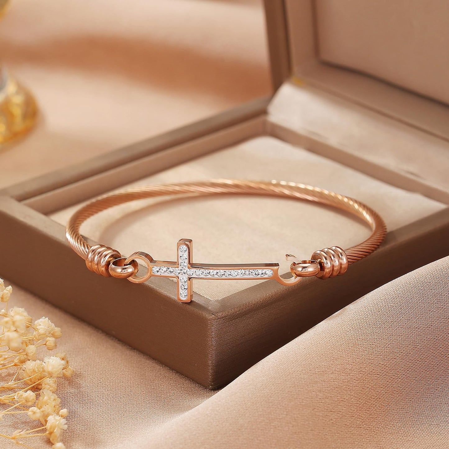DS Religious Gift for Her Christian Cross Bracelet Bible Verse God is Within Her She Will Not Fall Inspirational Bracelets For Women Stainless Steel Jewelry Gift To Daughter Best Friend (Cross bracelet-Rose Gold 1)