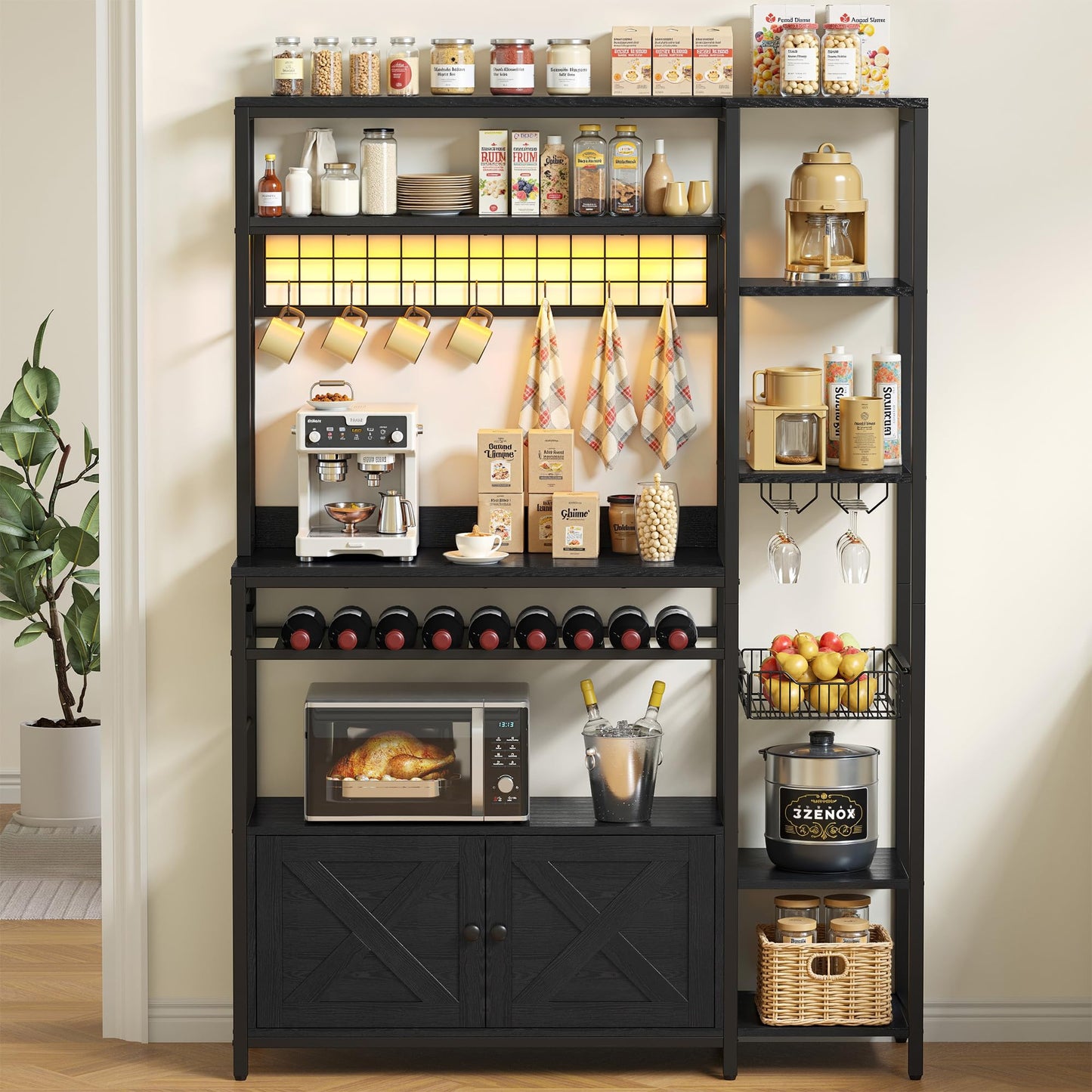 IRONCK Bakers Rack with Power Outlet, Kitchen Microwave Stand with Storage Cabinet, 47.24 Inch Coffee Bar Cabinet, Kitchen Racks with Shelves, LED Light, Globlet Holder and Wine Basket, Black