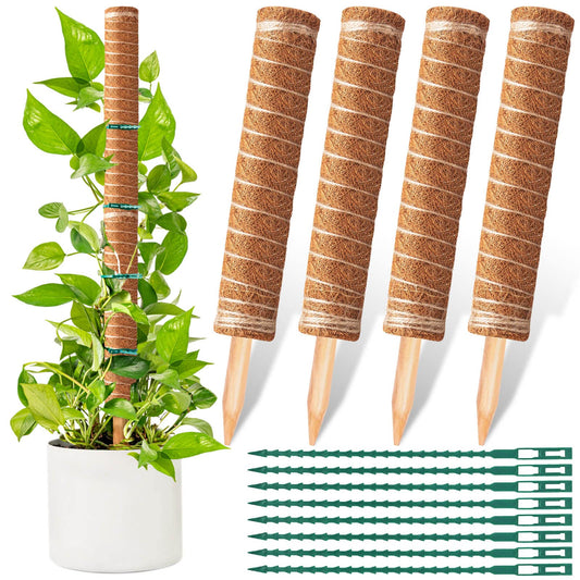 4 Pcs 12 Inches Coir Totem Pole With 8 Pcs Adjustable Plant Twist Ties - Moss Stick for Creepers Plant Support Extension, Climbing Indoor Plants