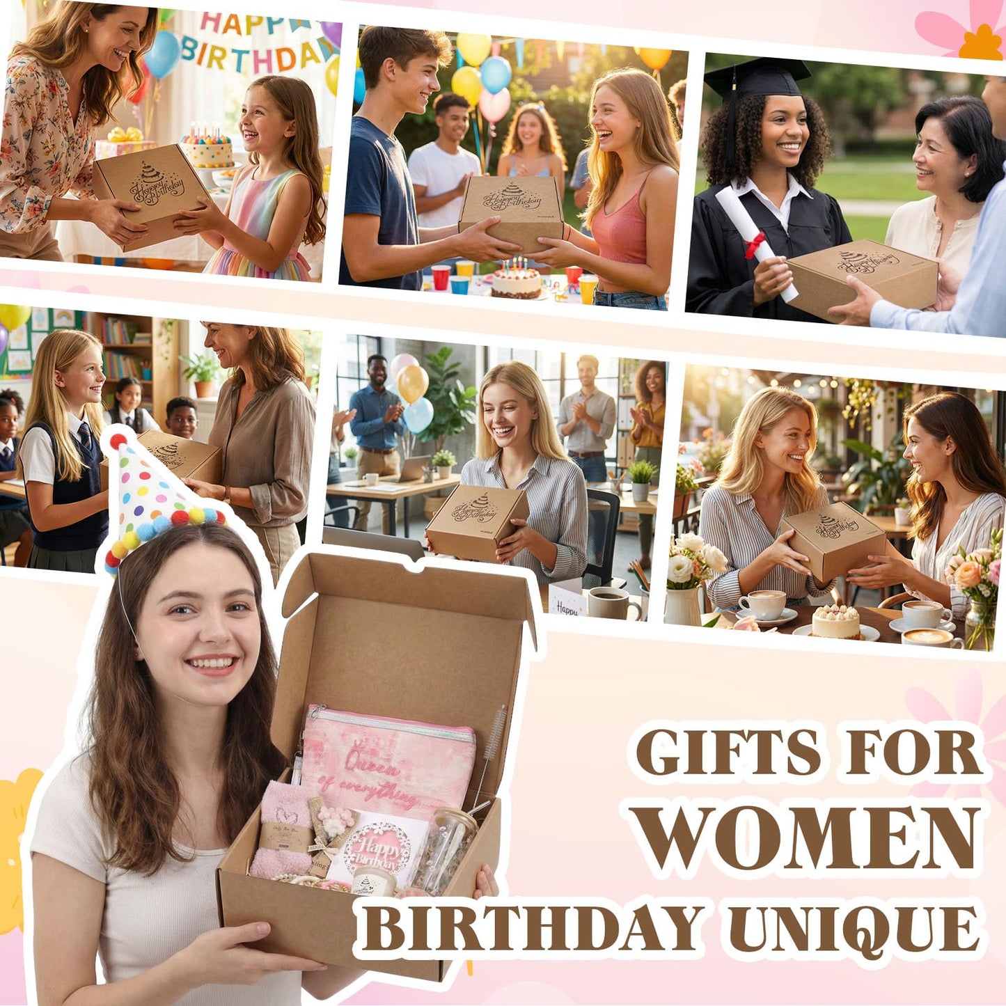 MUGIQUE Birthday Gifts for Women, Birthday Gift Basket with Glass Cup, Happy Birthday Gift Box for Women Teen Girl, Gifts for Sister Daughter Best Friend, Self Care Gift Set,Pink Floral