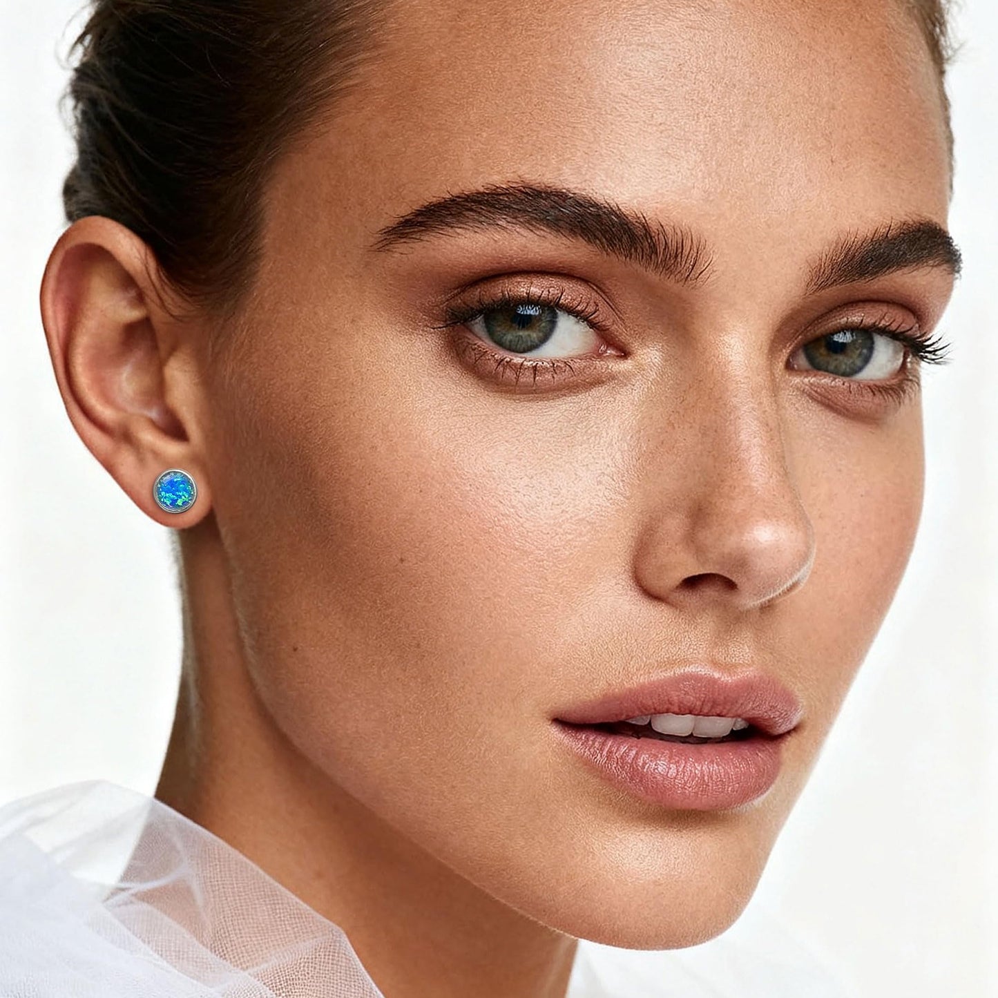 JiayangJY Silver Blue Fire Opal Stud Earrings for Women 18K White Gold Plated Sterling Silver Round Shape 8mm Opal Earrings with Push Back