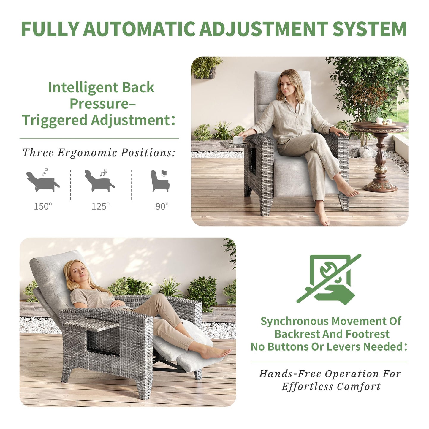 Garvee Wicker Recling Patio Chair with Independent Adjustable Back and Footrest Air Pump 150° Lay Flat Reclining Chair Outdoor Recliner Chair with Extended Footres and Removable Cushion for Garden